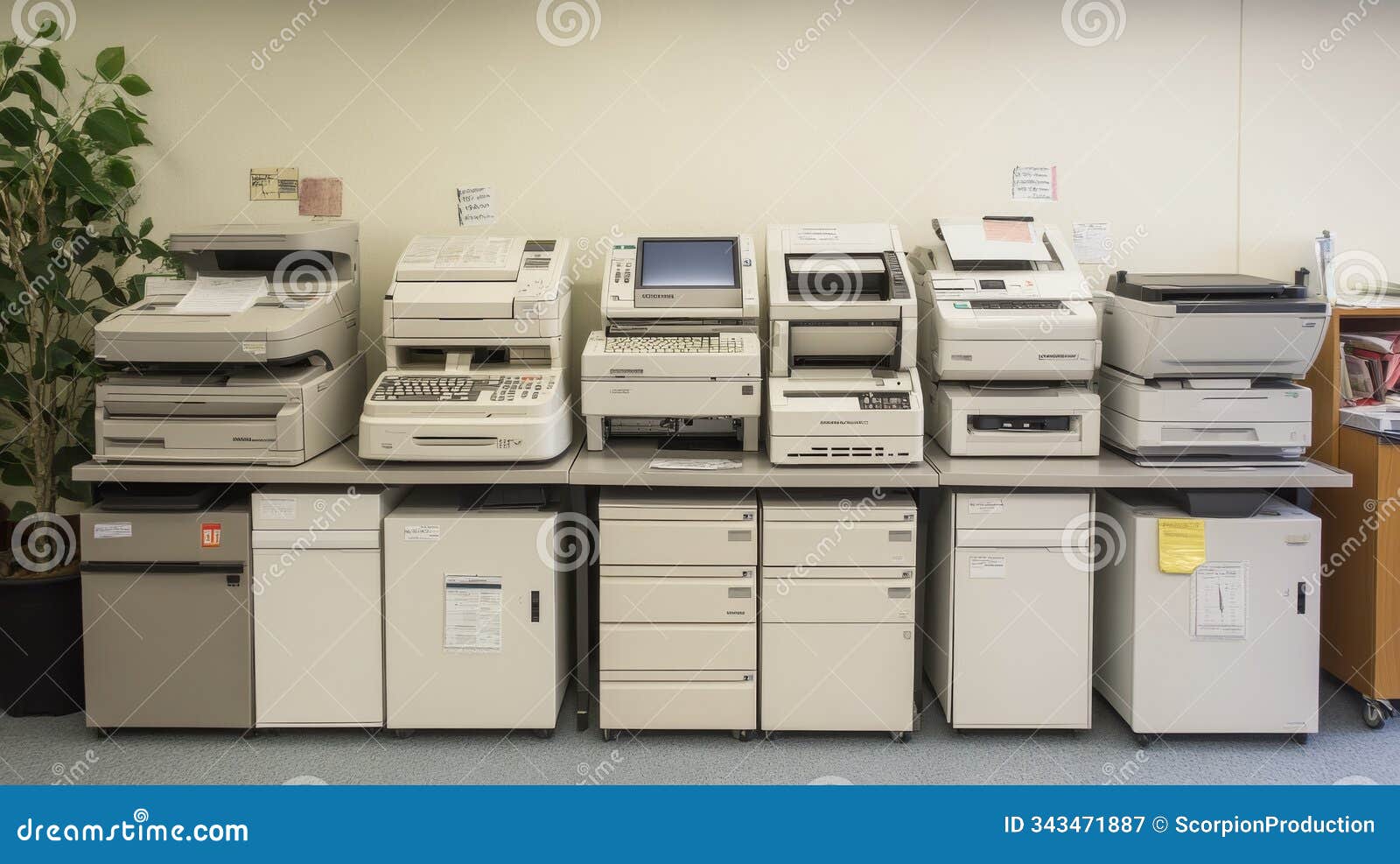 retro office with various vintage fax and copier machines in a row