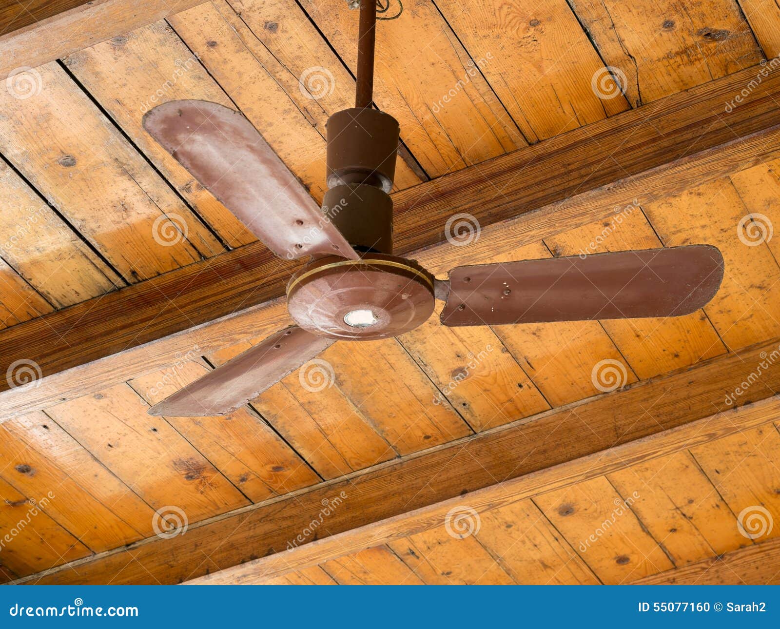 Retro Old Brown Ceiling Fan On Wooden Ceiling Detail Stock Photo