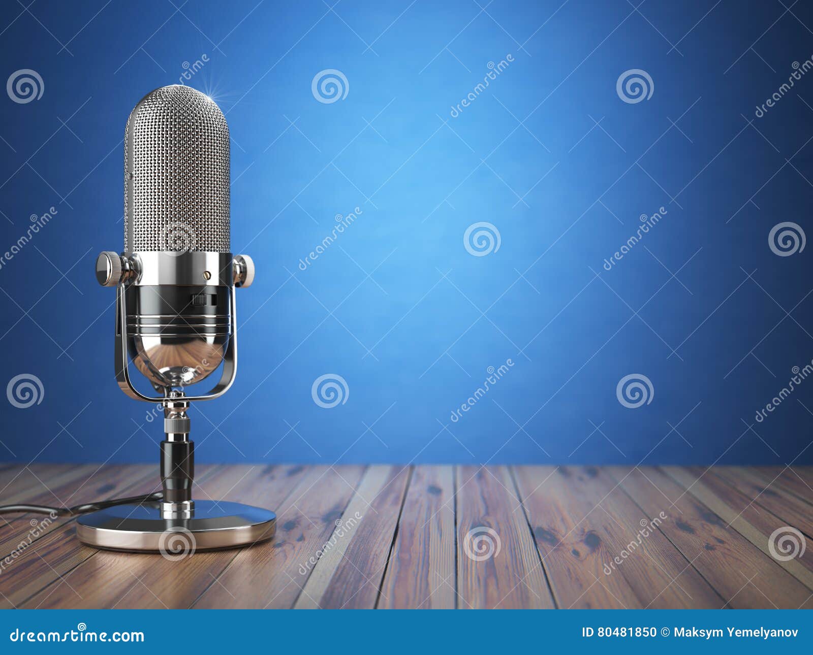 retro old microphone. radio show or audio podcast concept. vintage microphone on blue background.