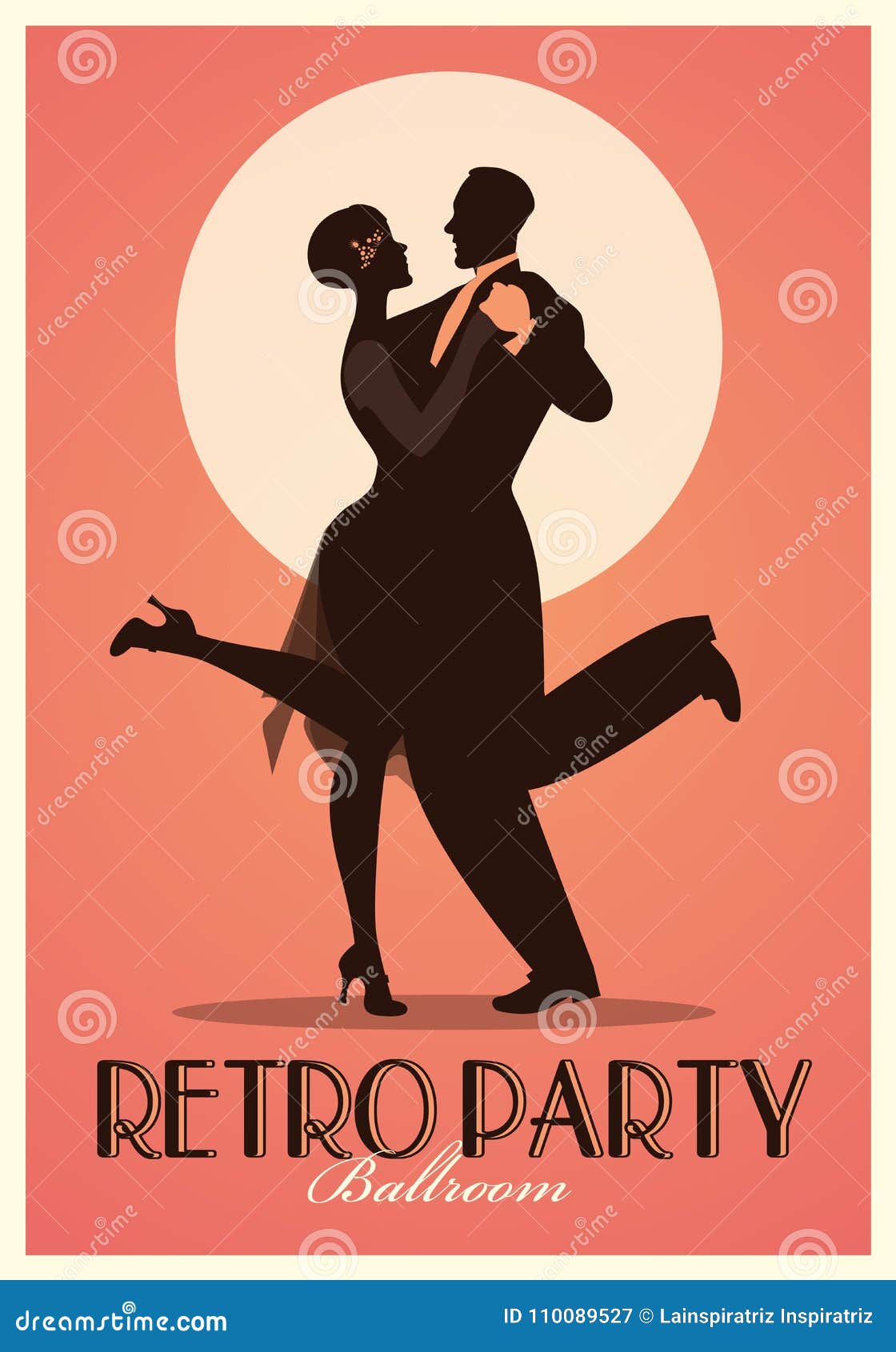 retro party poster. silhouettes of couple wearing clothes in the style of the twenties dancing charleston