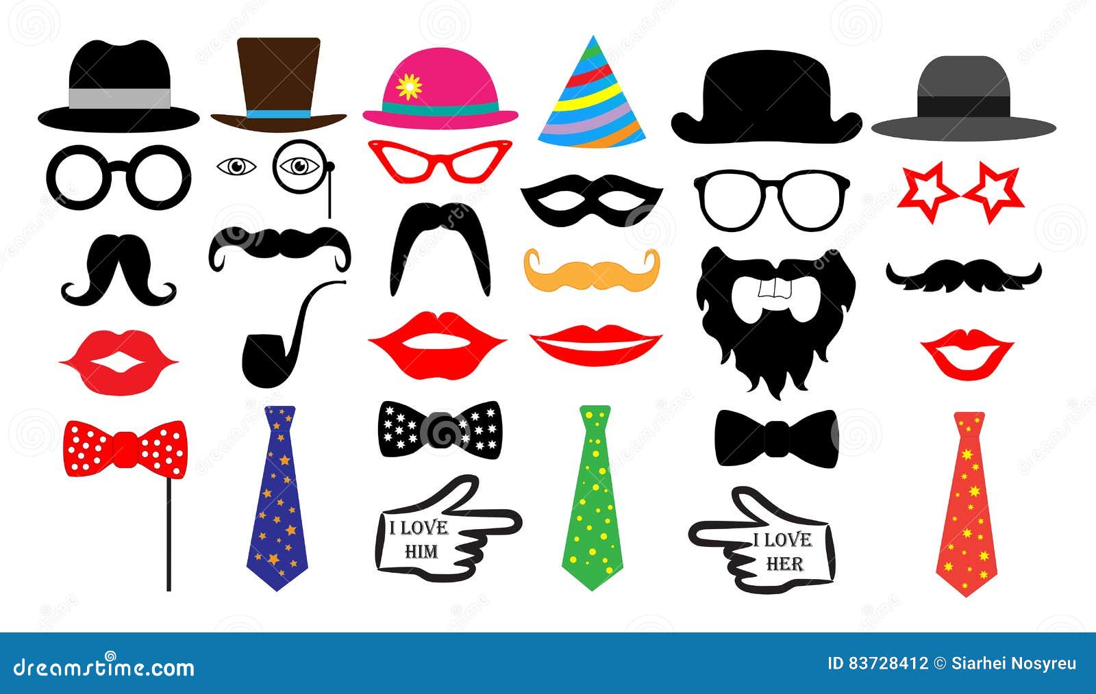 retro party set. glasses hats lips mustaches tie monocle.  .
