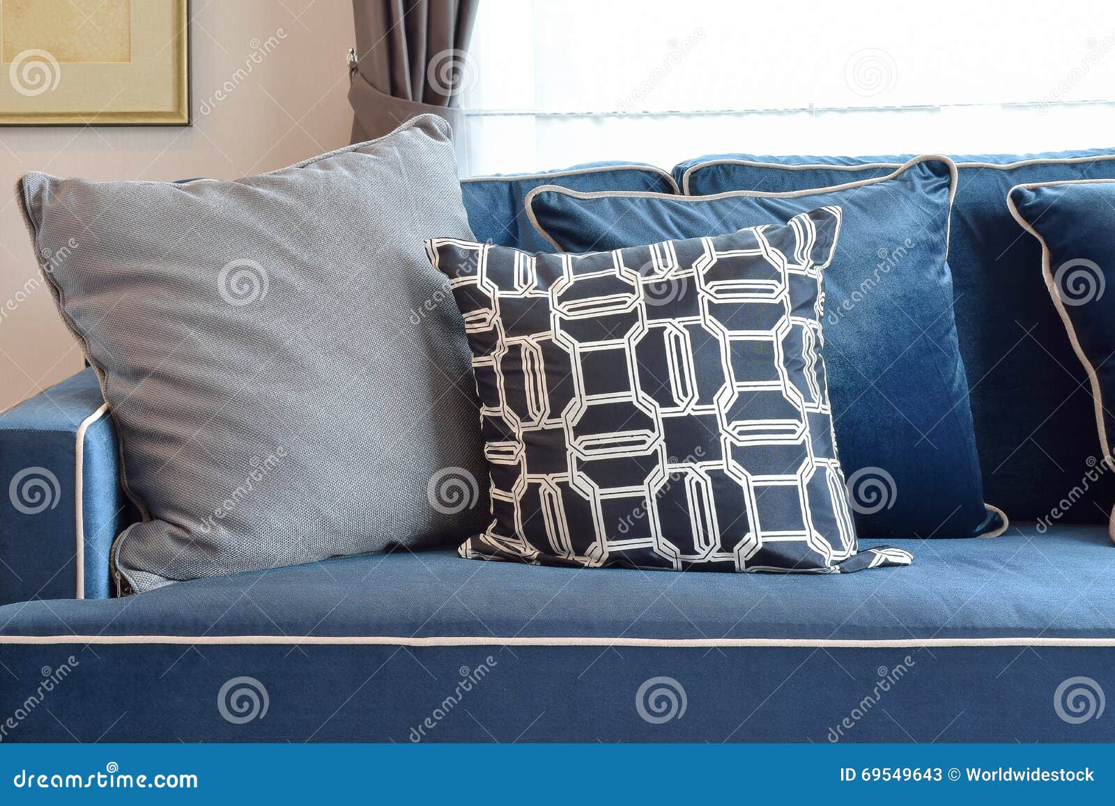 Retro Pattern, Gray and Blue Pillow Setting Up on Sofa Stock Image