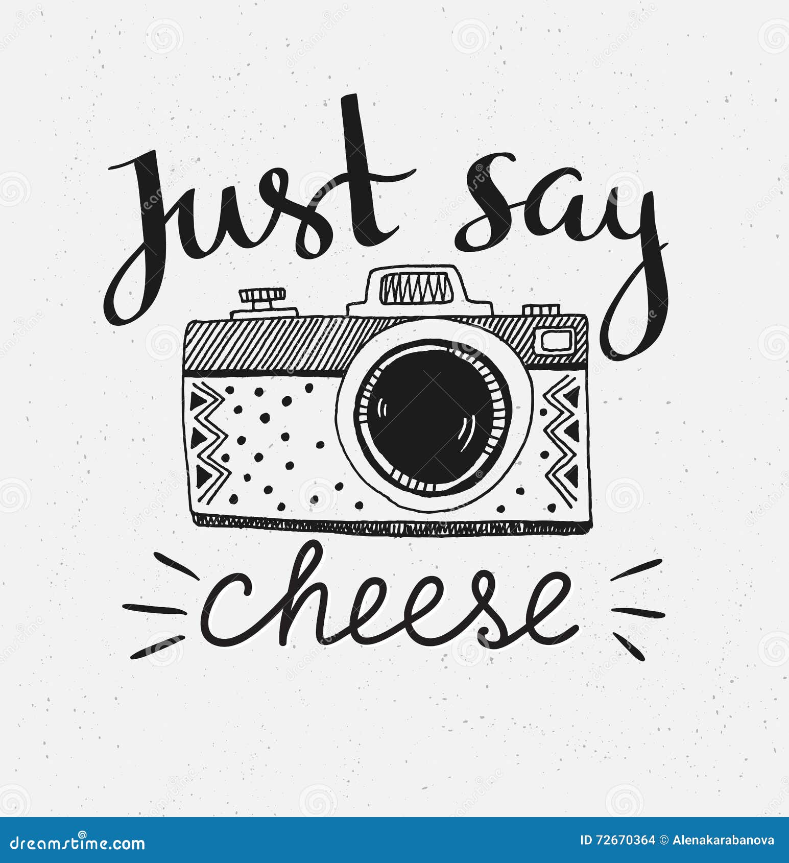 retro photo camera with stylish lettering - just say cheese.  hand drawn .