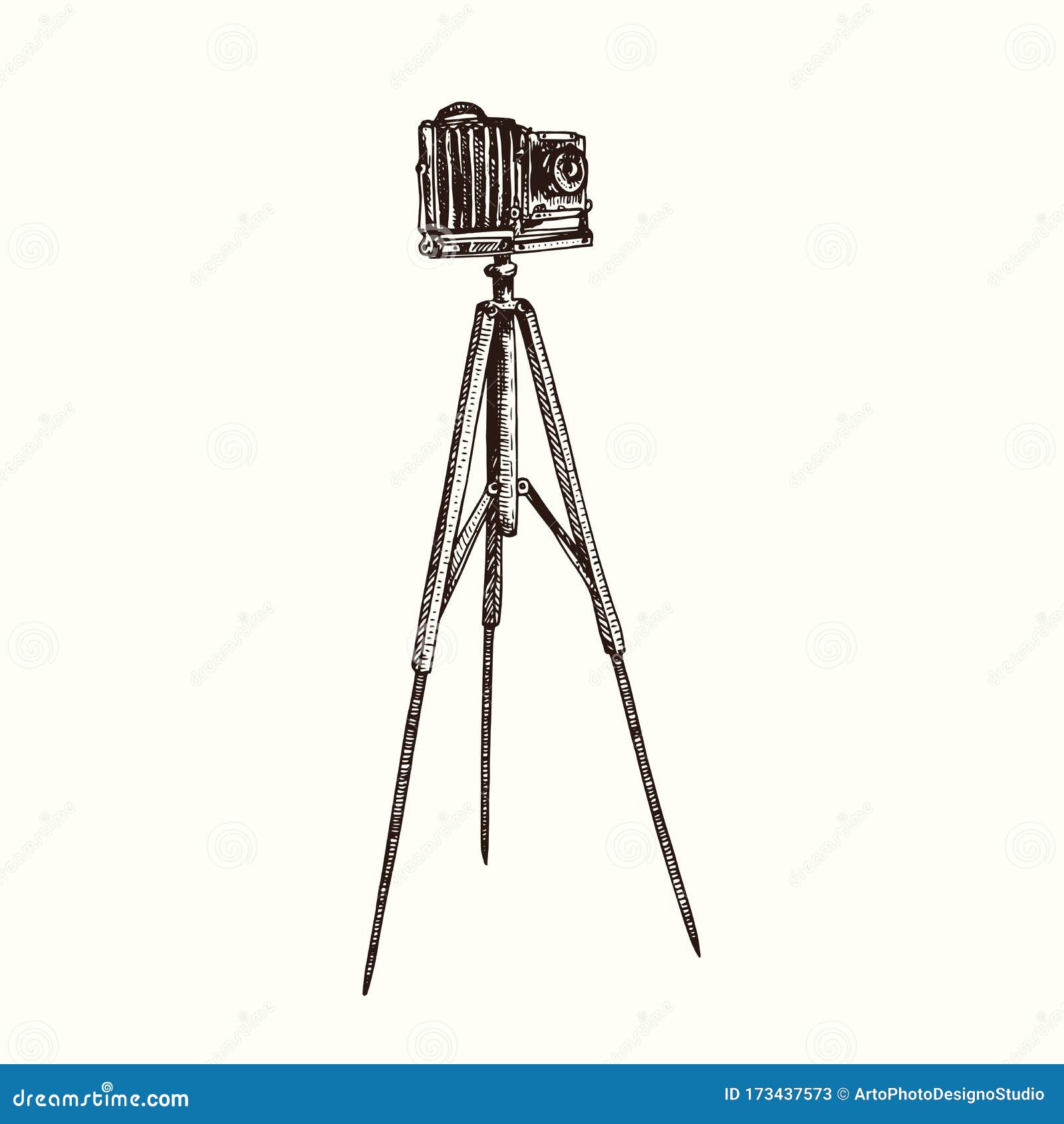 retro photo camera on tripod, hand drawn doodle, drawing in gravure style, sketch 