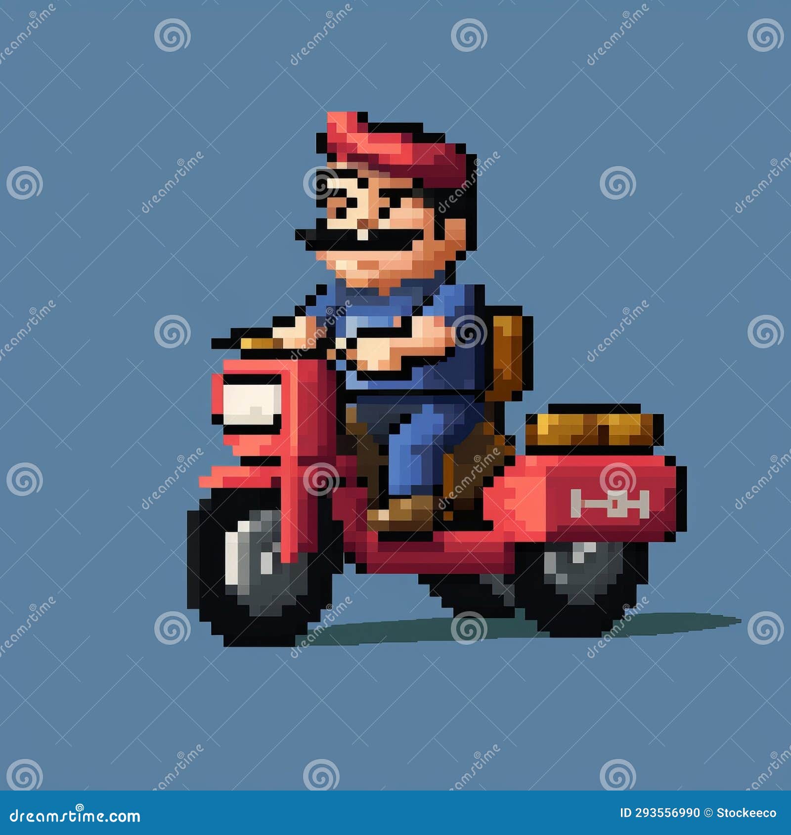 retro pixel art: mario riding motorcycle in eilif peterssen style
