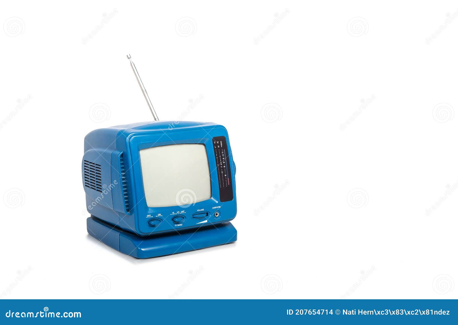 retro portable television of blue color with radio,  on white background.