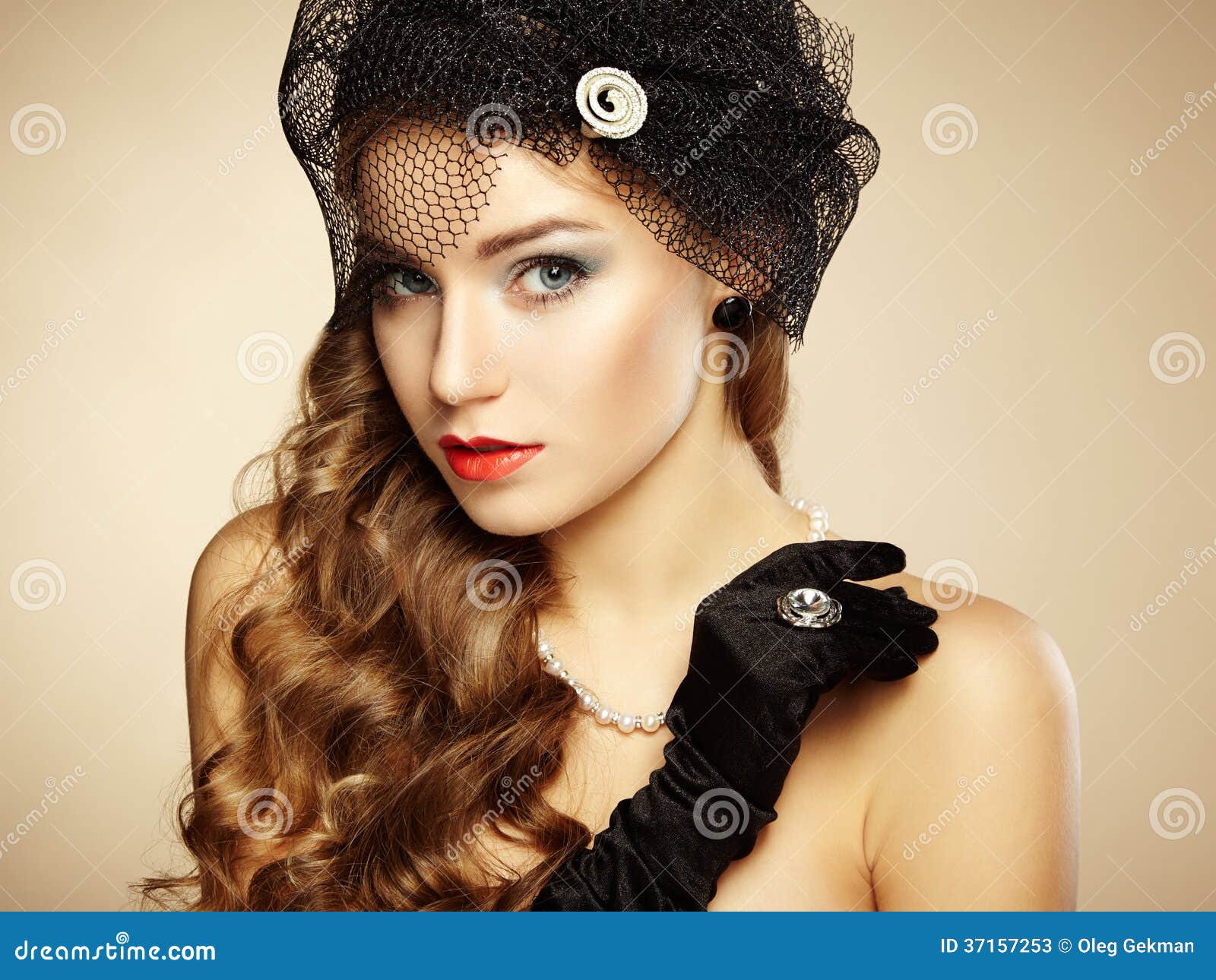 Retro Portrait Of Beautiful Woman Vintage Style Stock