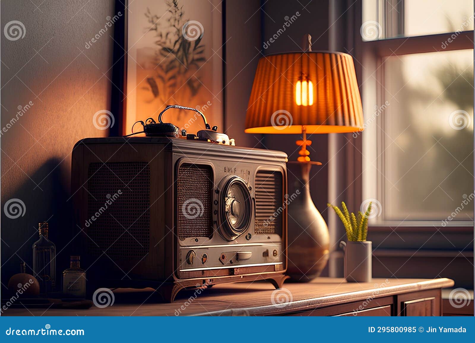Retro Radio on the Bedside Table with Lamp and Vase Stock Illustration