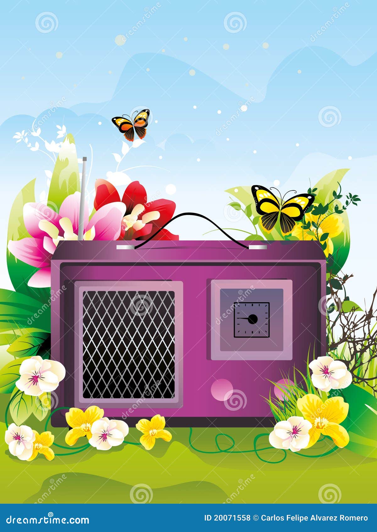 Retro Radio Surrounded by Flowers Stock Vector Illustration of