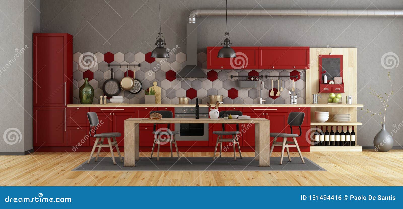 New retro kitchen table chairs Retro Red Kitchen With Wooden Dining Table Stock Illustration Of Indoor 131494416