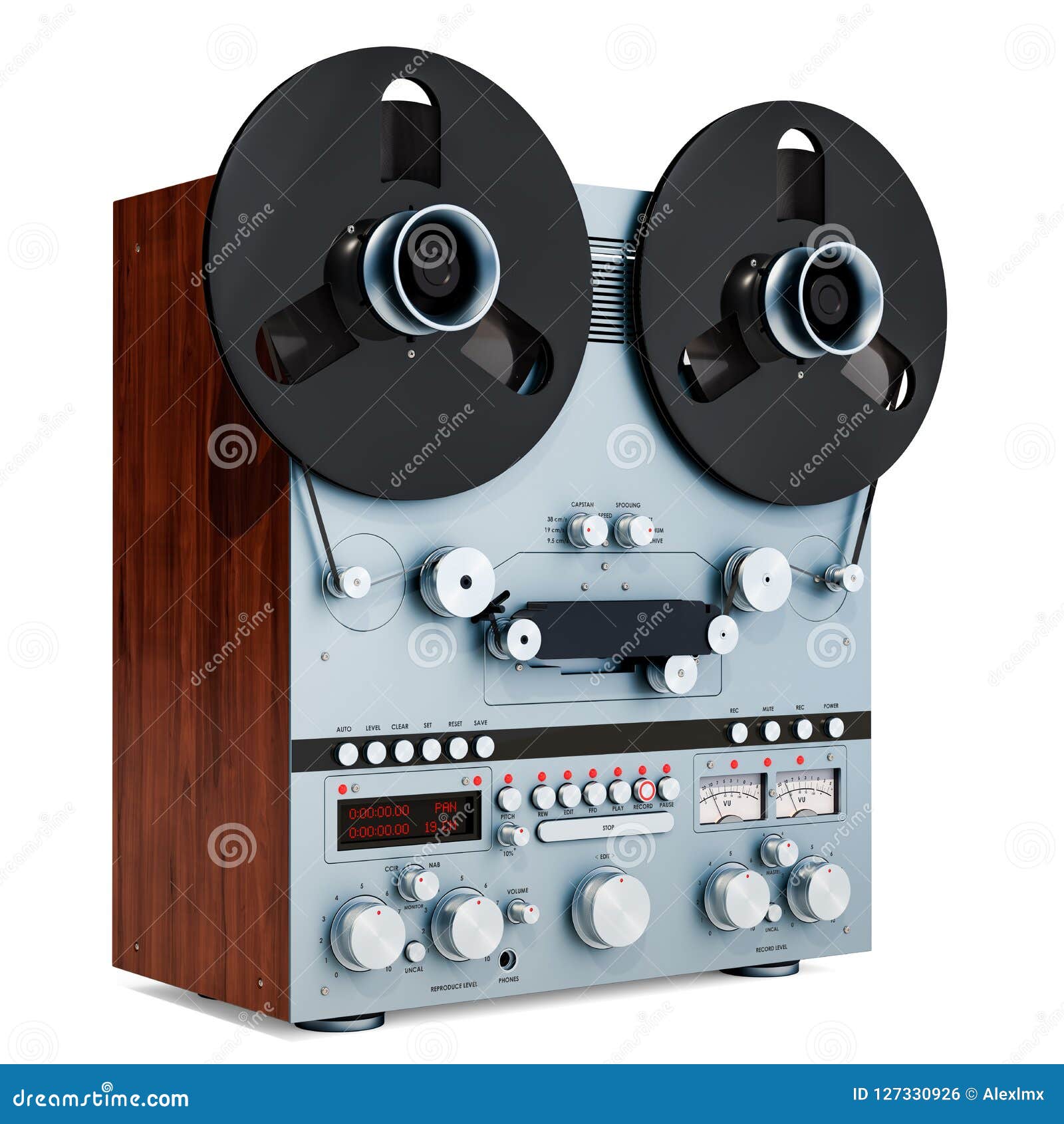 Retro Reel-to-reel Tape Recorder Closeup, 3D Rendering Stock