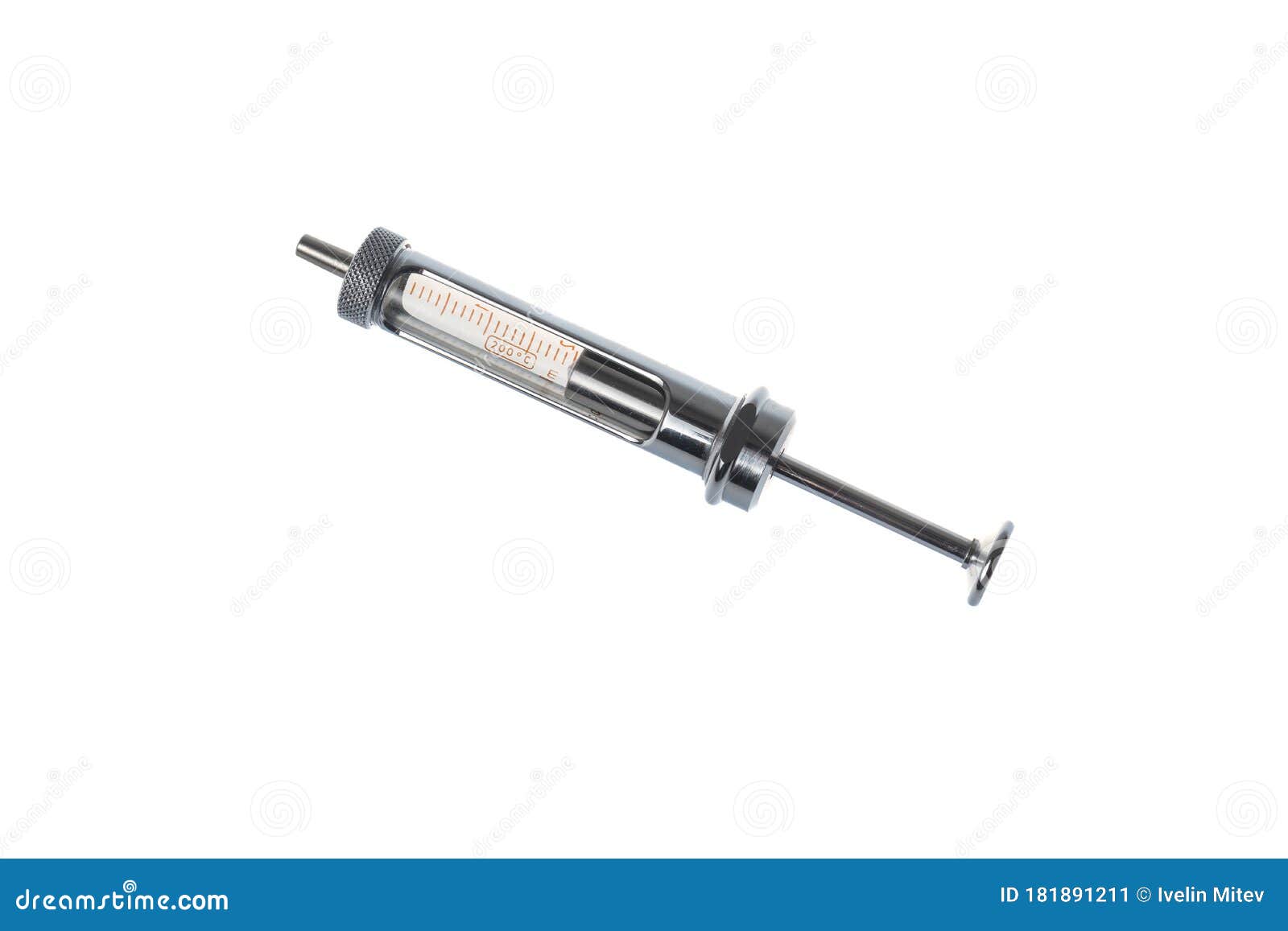 Retro Reusable Metal Syringe for Multiple Use, Opened. Isolated on