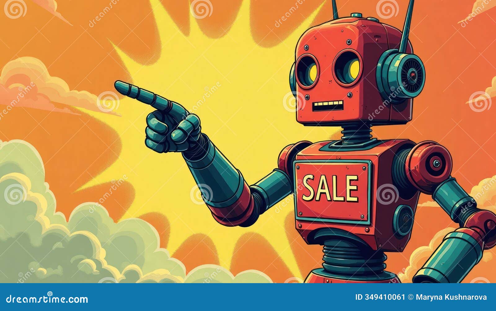 retro robot points to sale. colorful vintage pop art style. robot advertises promotion. image evokes 1950s 1960s era. robot