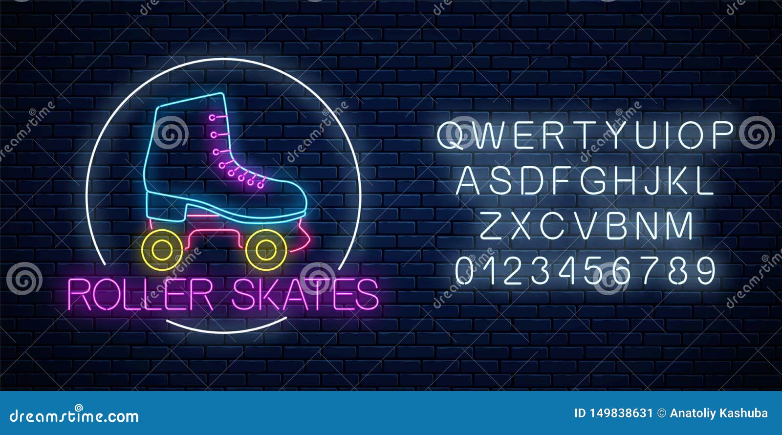retro roller skates glowing neon sign in circle frame with alphabet. skate zone  in neon style