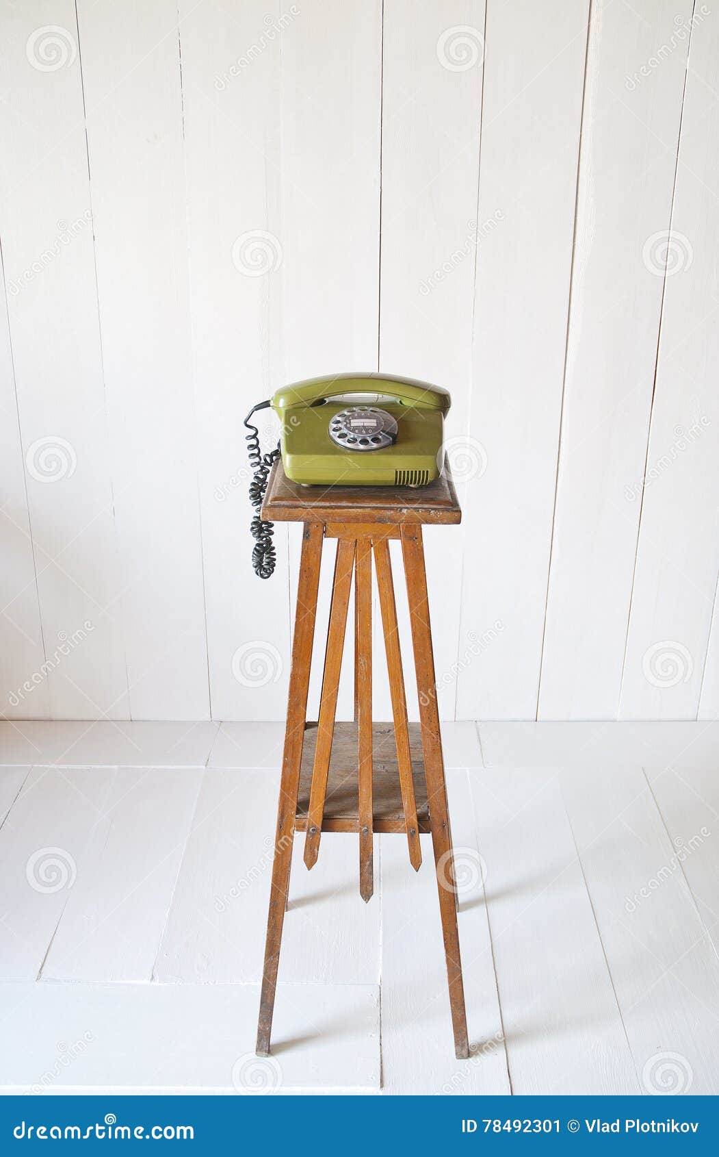 Retro Rotary Telephone On Wood Vintage Table White Background Stock