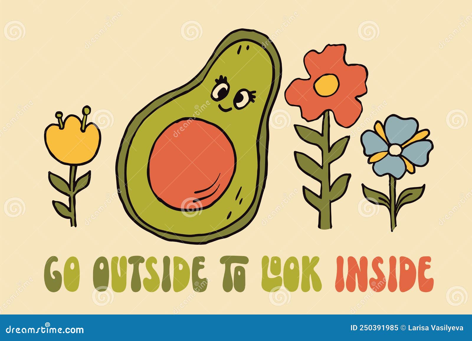 retro 70s hippie avocado illustratoin. psychedelic groovy style