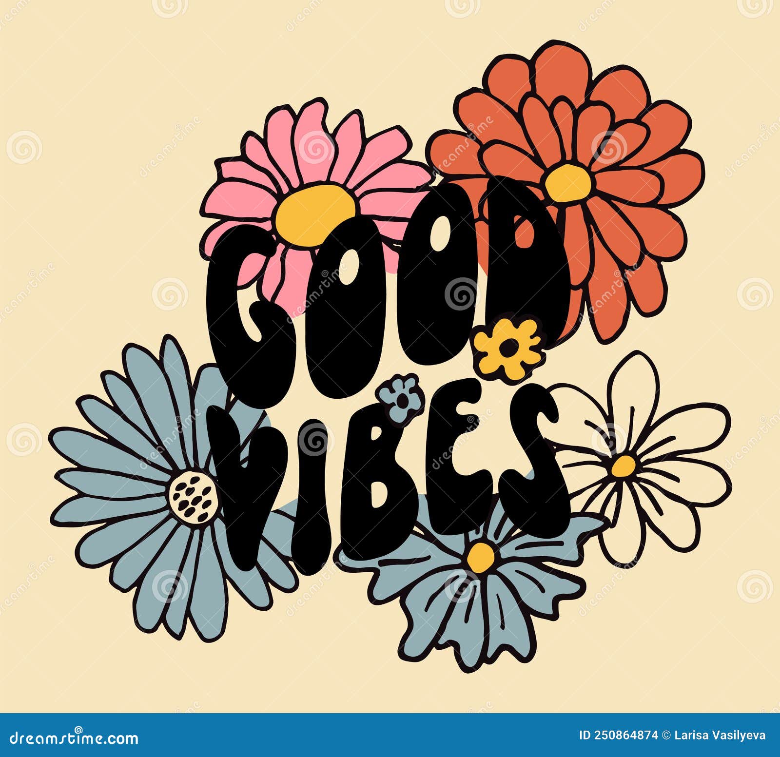 Retro 70's psychedelic hippie flowers illustration print for t-shirt or  sticker poster Stock Vector