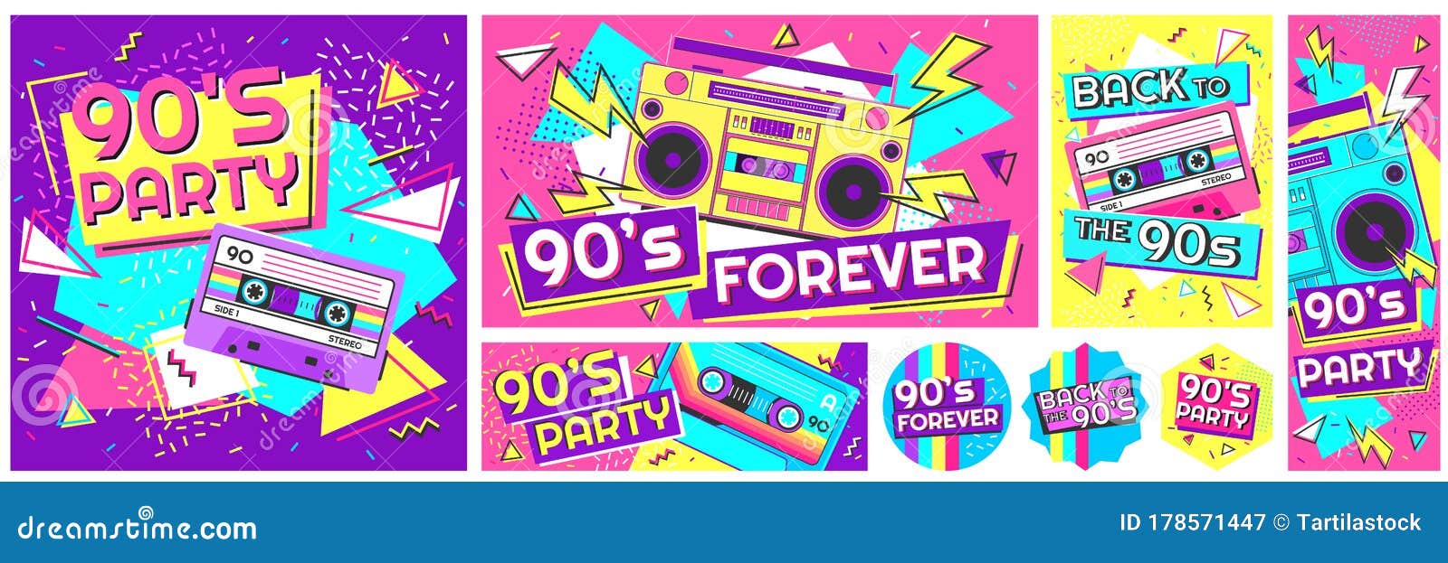 retro 90s music party poster. back to the 90s, nineties forever banner and retro funky pop radio badge 