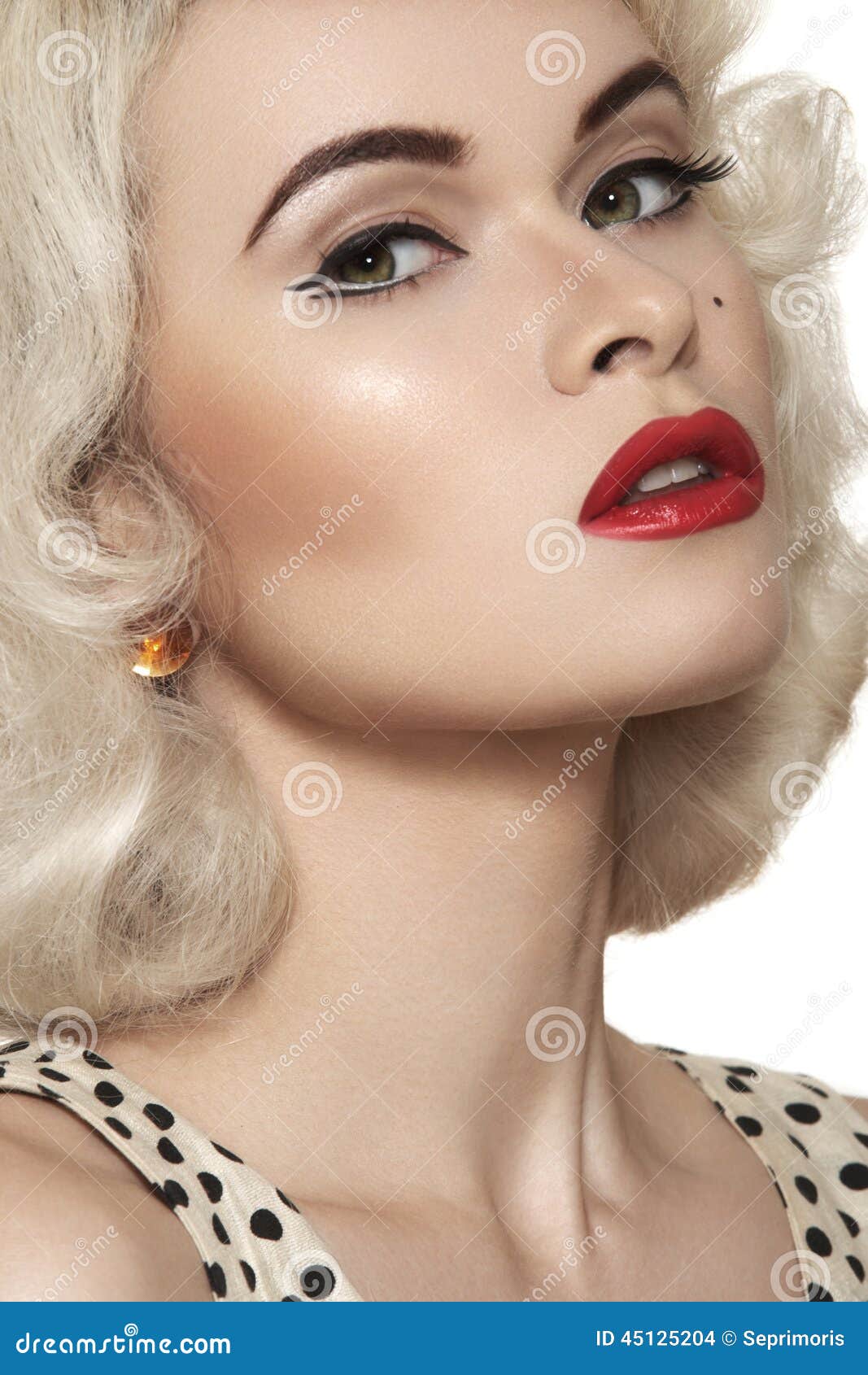 Retro 50s Old Fashioned Pin Up Model Red Lips Make Up Blond Curly