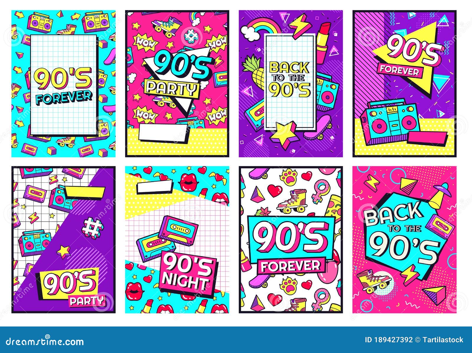 retro 90s poster. nineties forever, funky 1990s music night party posters and pop flyer card  set