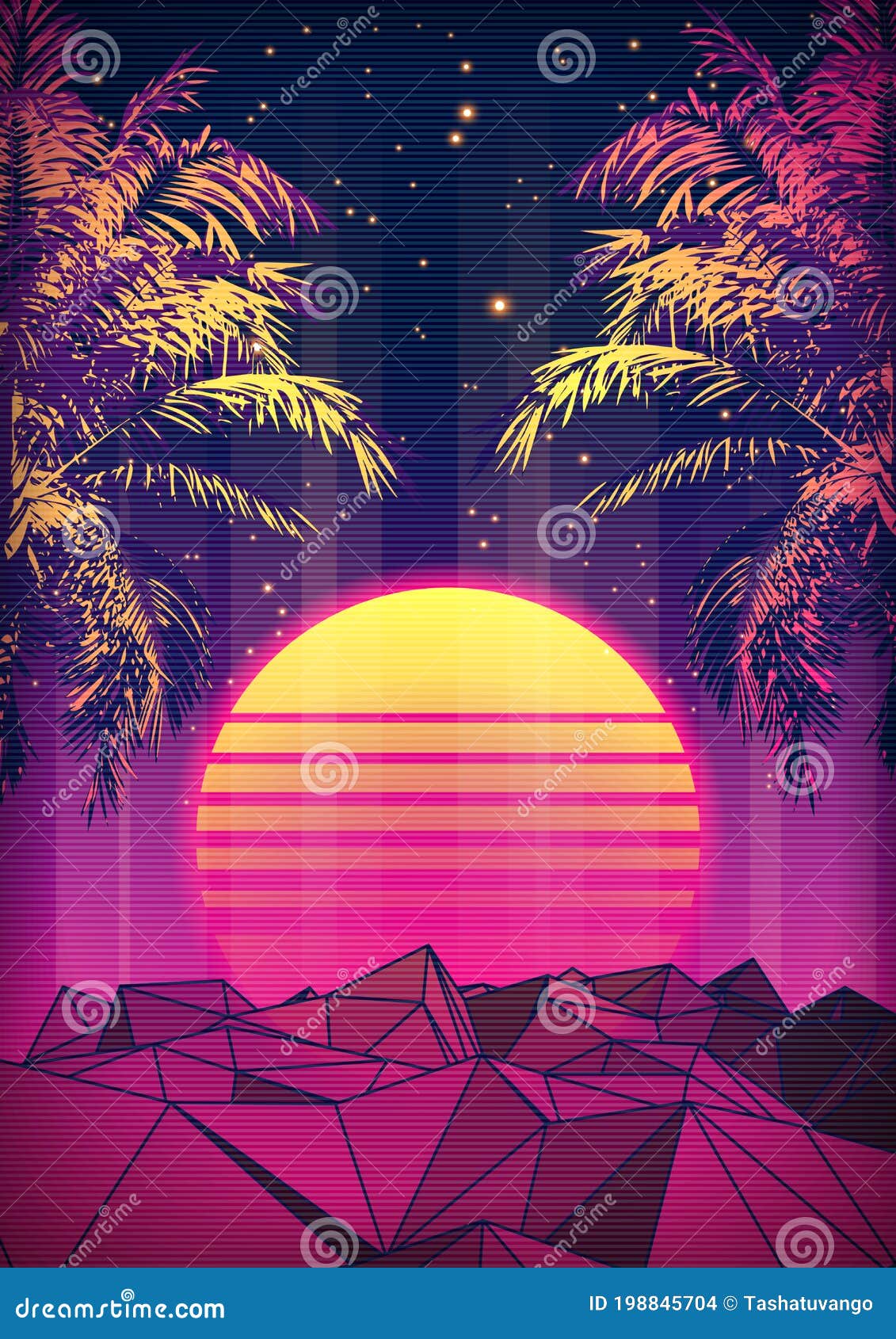 retro 80s style tropical sunset with palm tree.