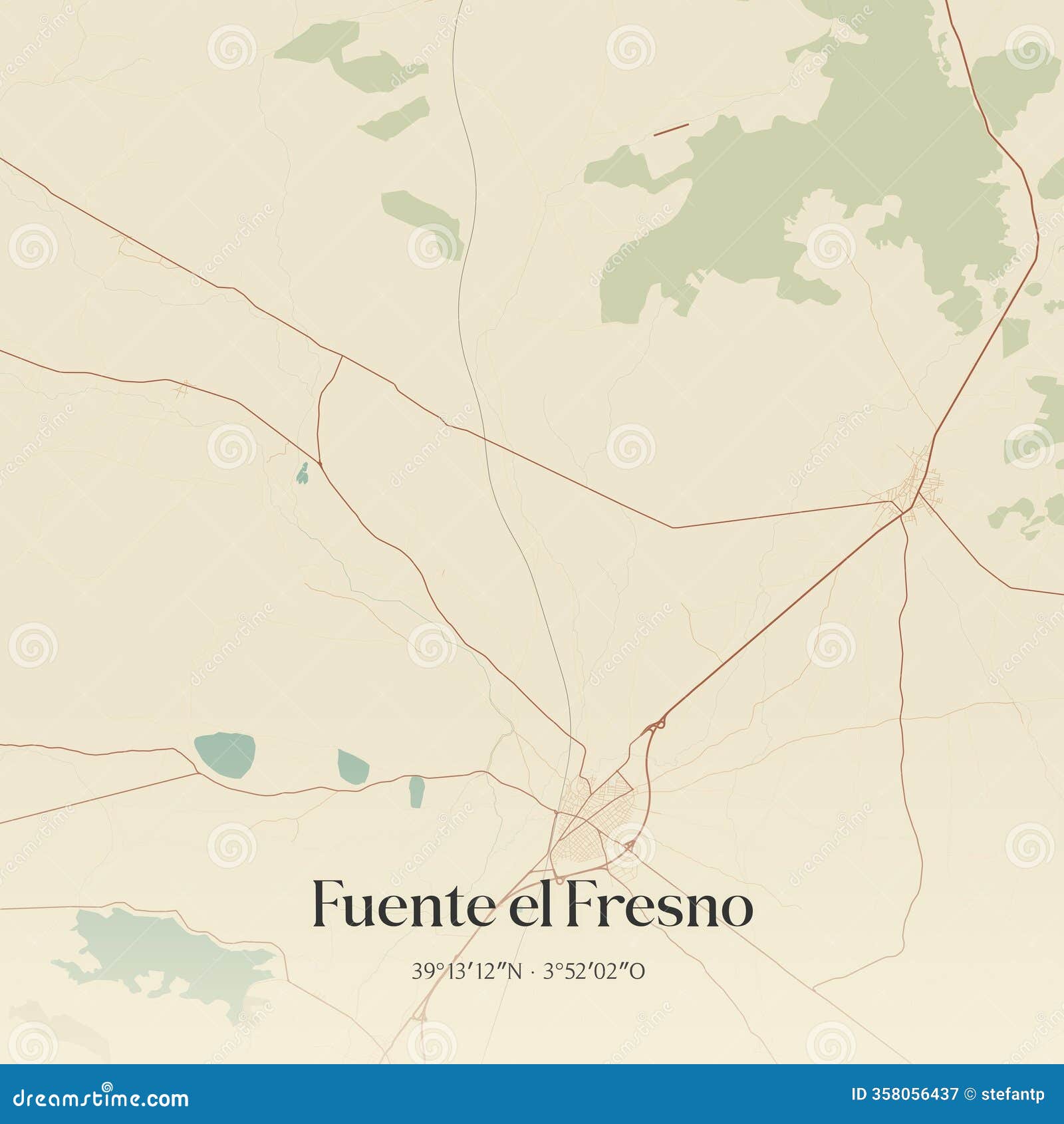 retro spanish map of fuente el fresno, castilla-la mancha. vintage street map.