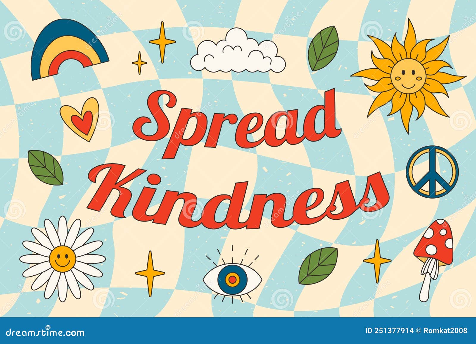 1970-1979 retro spread kindness slogan in hippie style