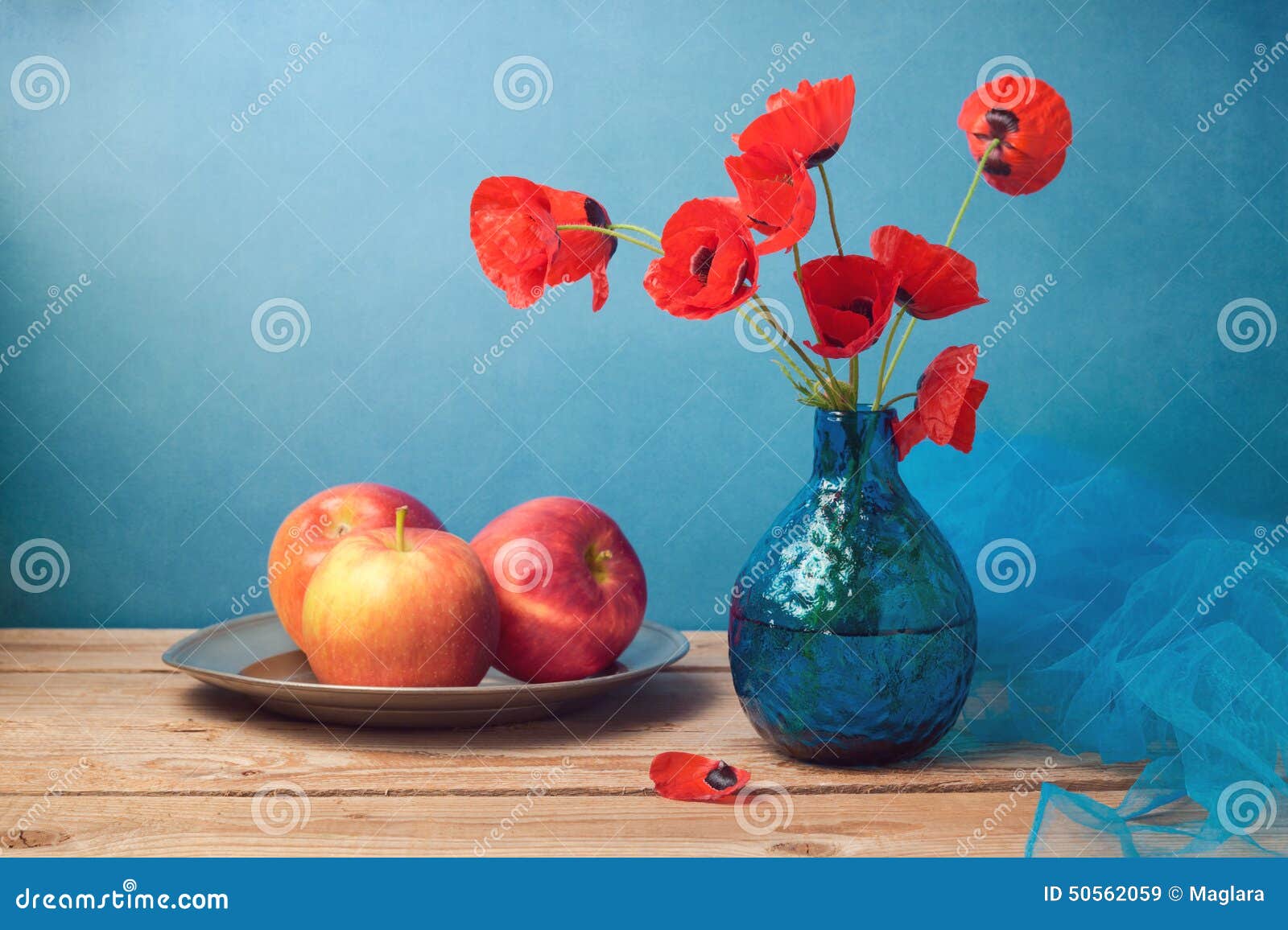 retro still life with poppies and apples