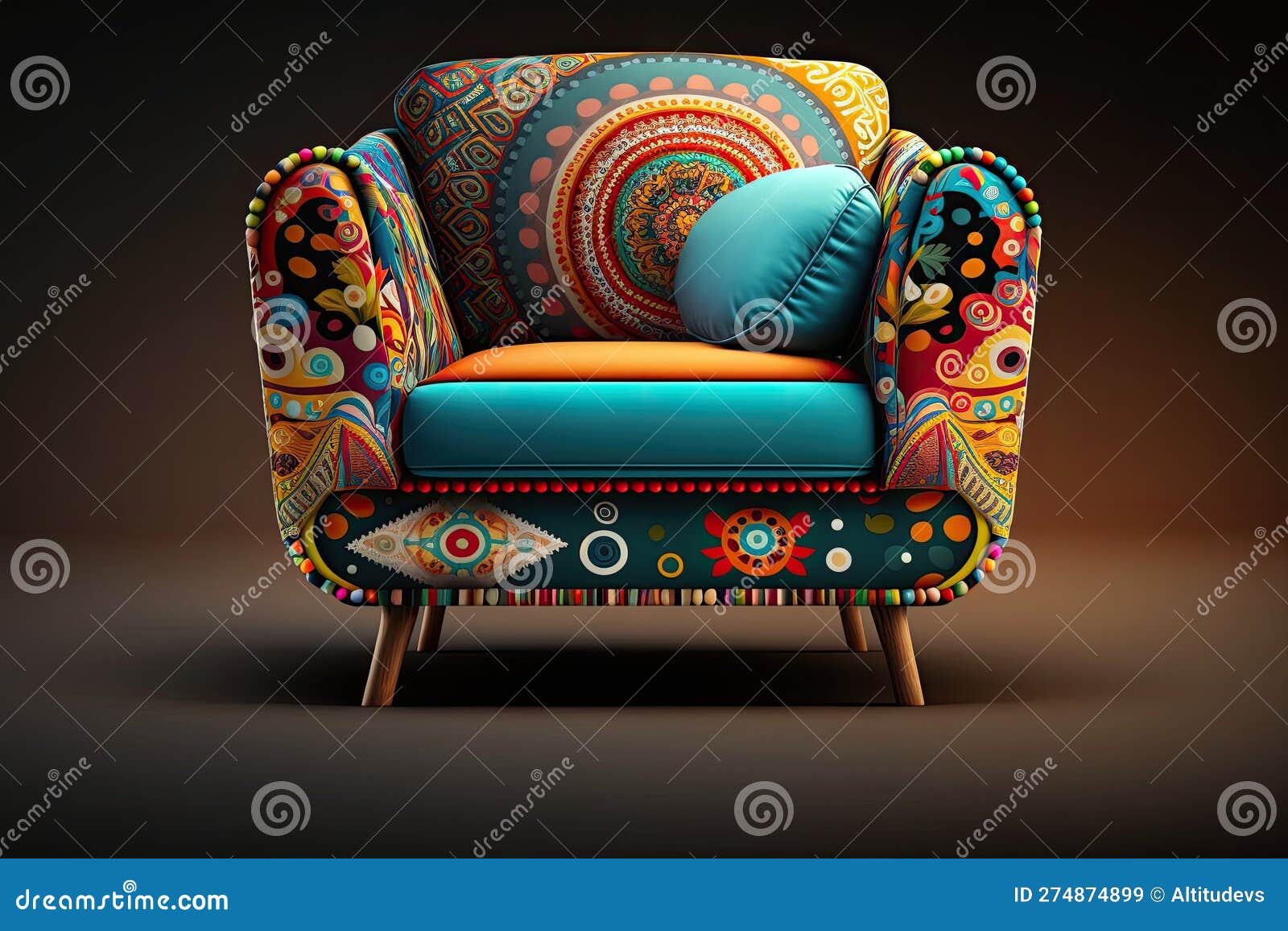 A Retrostyle Armchair with a Patterned Fabric in Vibrant Colors Stock
