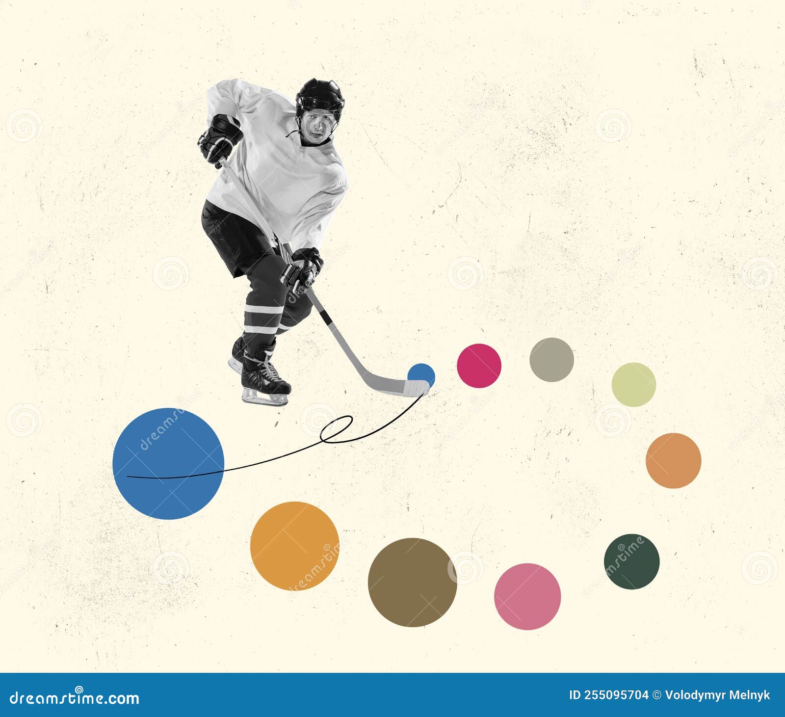 retro style . contemporary art collage of hockey player in motion  over pastel color abstract background