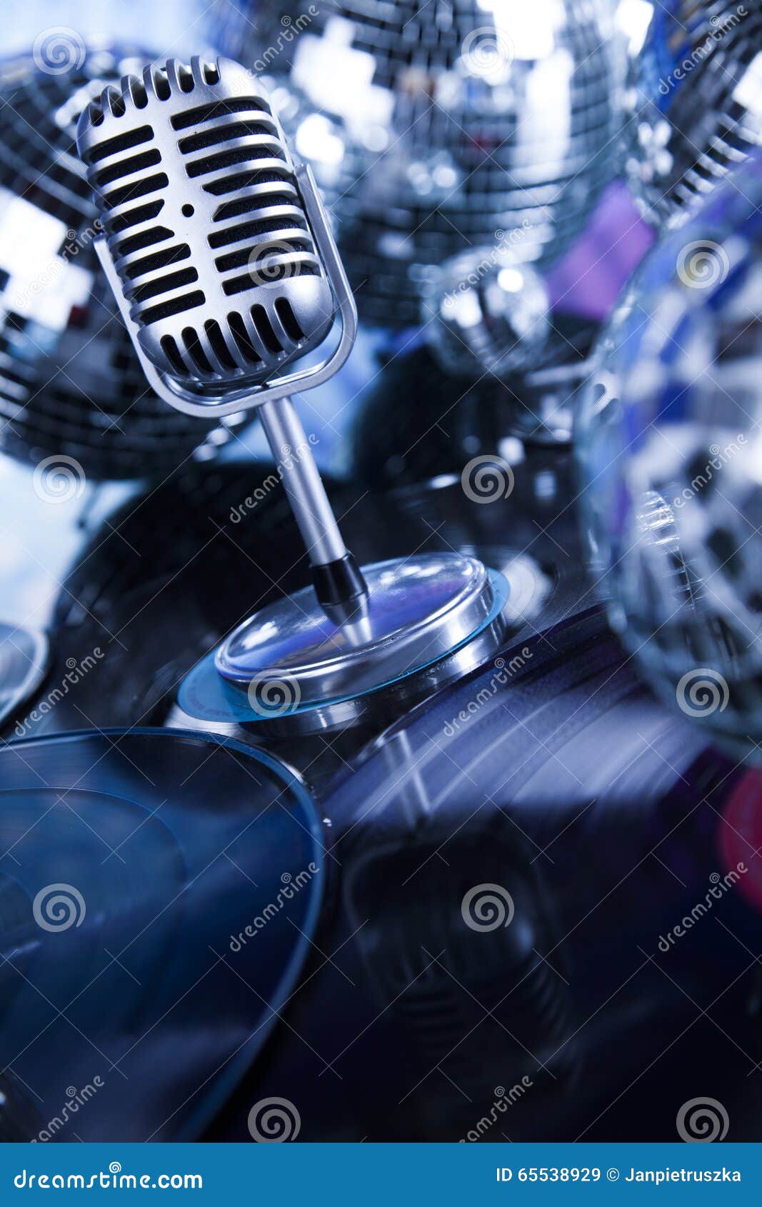 Retro Style Microphone on Sound Waves and Disco Balls Stock Image