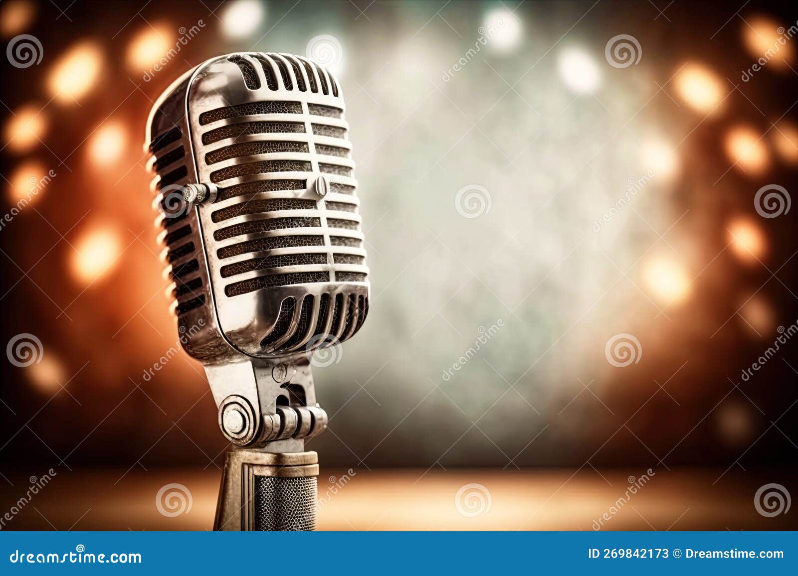 Retro Style Microphone on a Stand Up Comedy Stage with Bokeh Lights in