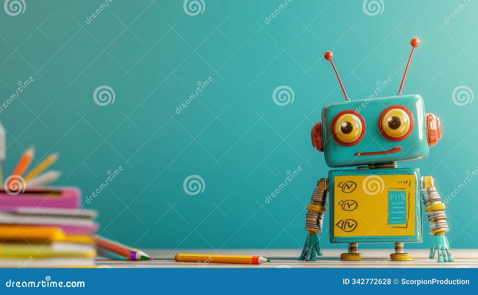 retro-style robot with pencils and books in an educational setting