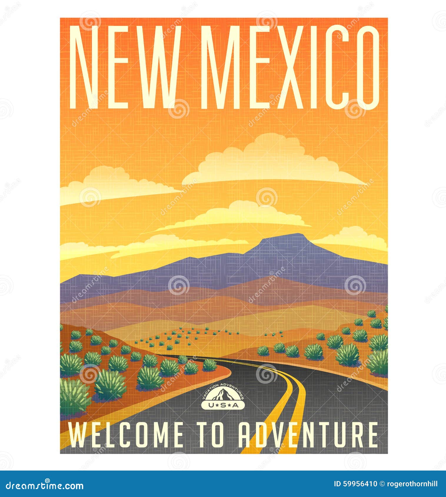 retro style travel poster united states, new mexico desert