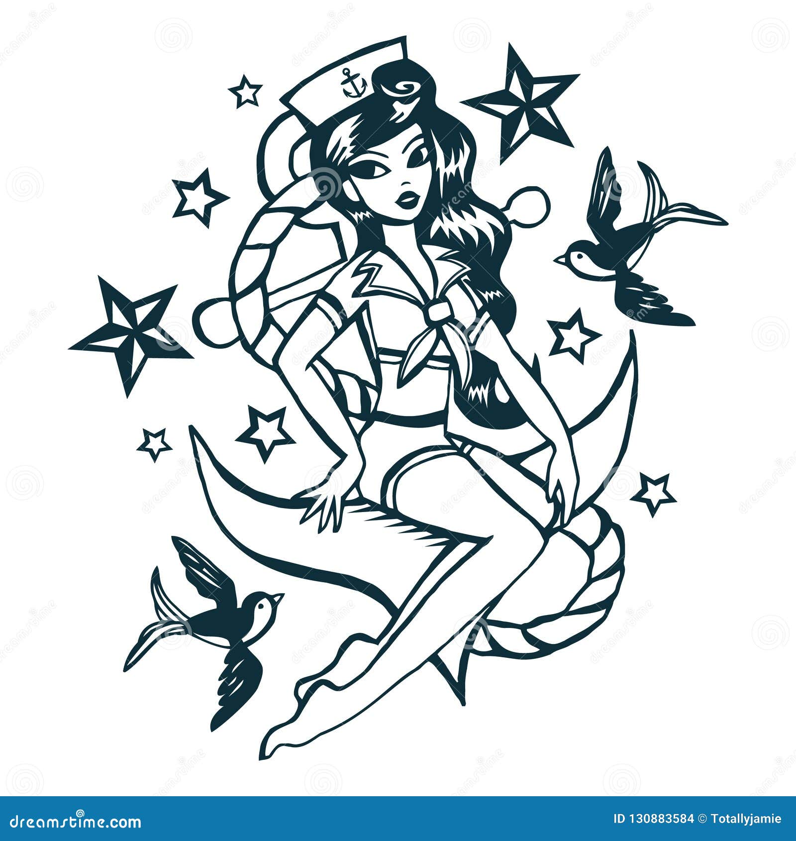 hand drawn vintage tattoo ink sailor girl