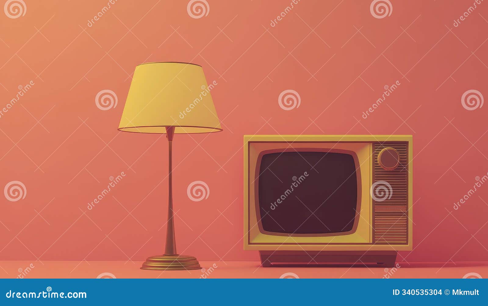 vintage analog television with a lamp on a colorful background in 70s style