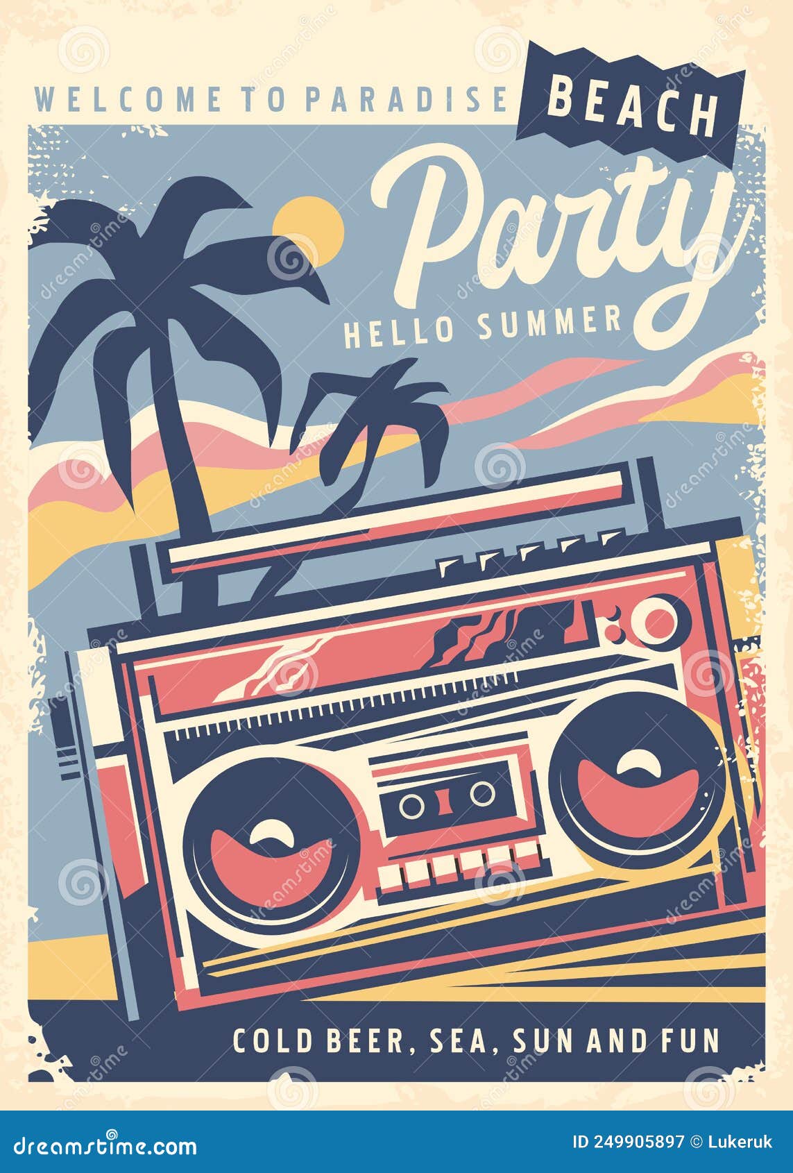 retro summer beach party poster with cassette player
