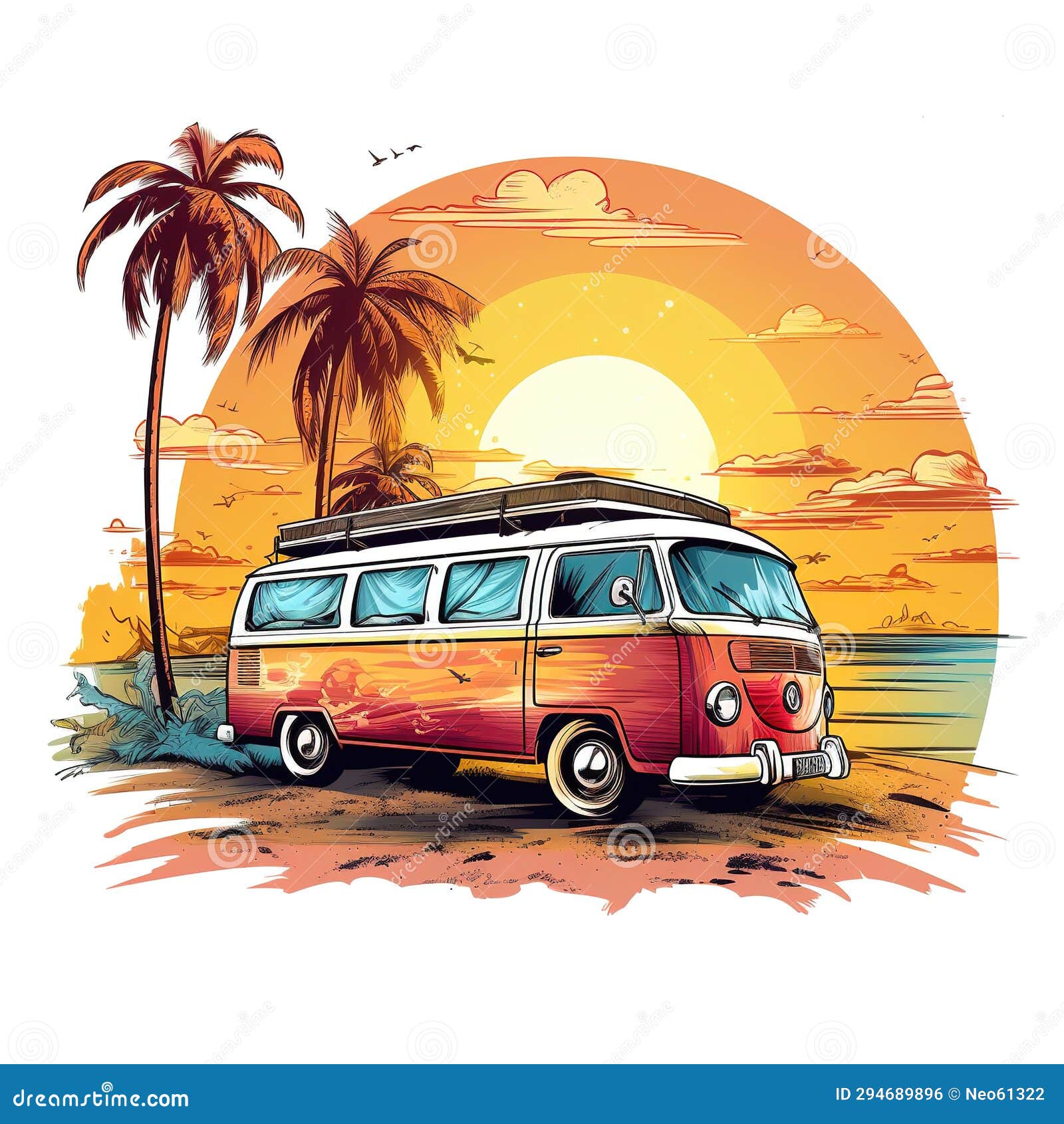 retro surf van carrying surfboards at the beach palm trees sunset generative ai