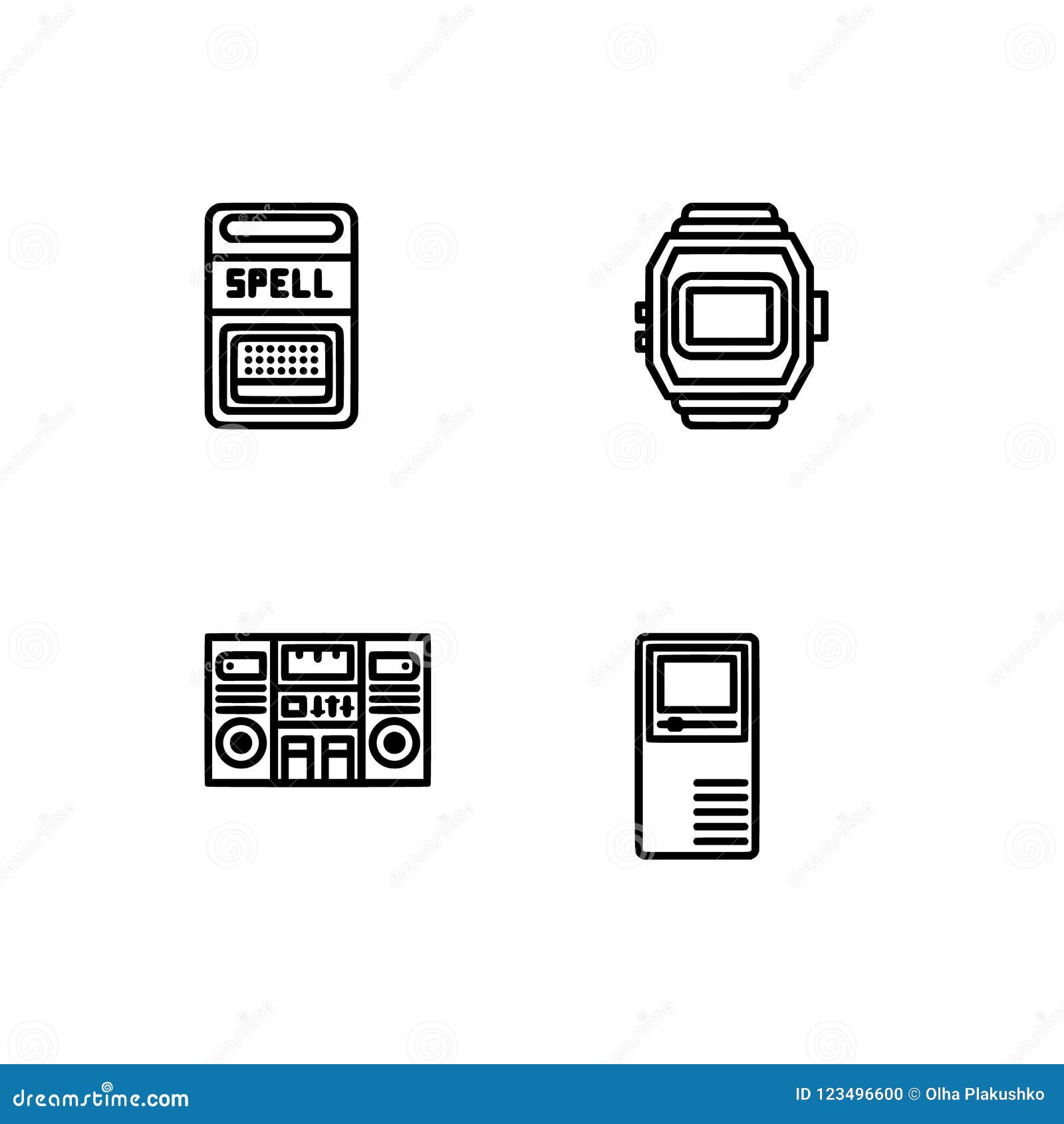 retro tech and gadets. set outline icon eps 10  format. professional pixel perfect black, white icons optimized for both lar