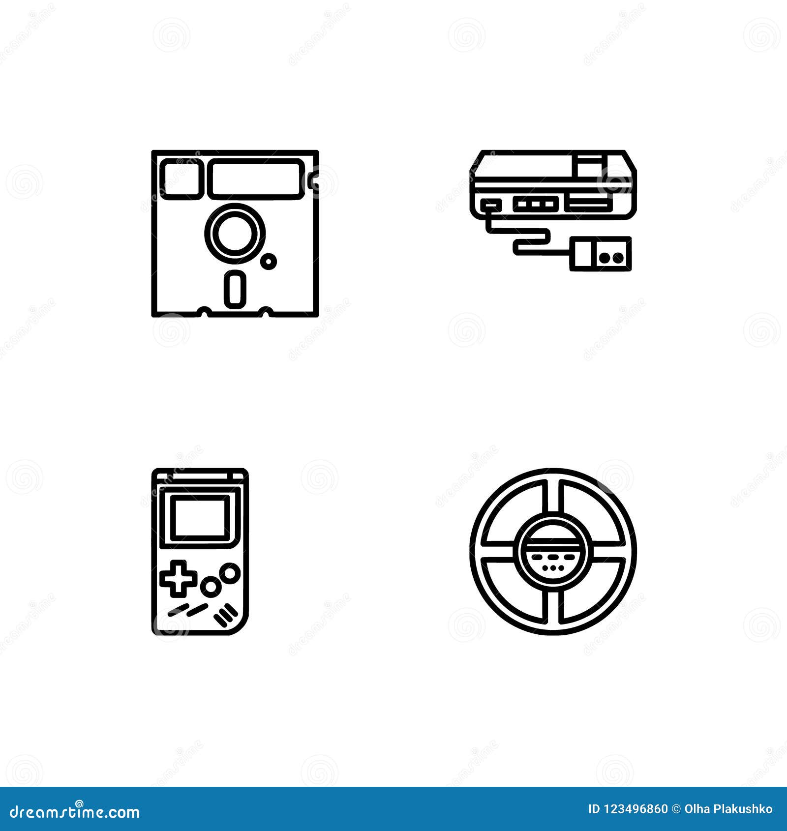 retro tech and gadets. set outline icon eps 10  format. professional pixel perfect black, white icons optimized for both lar