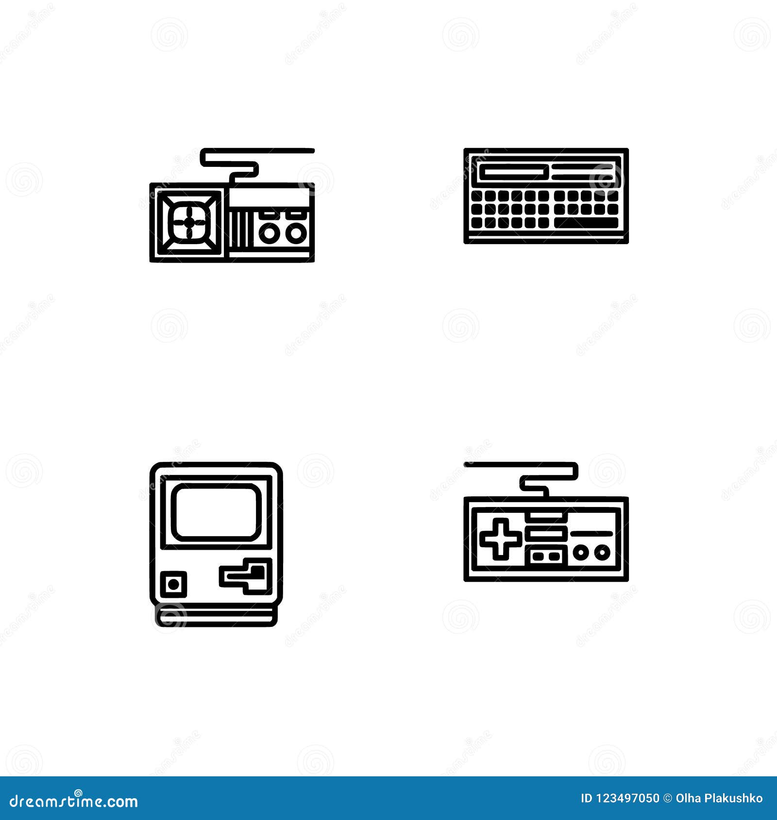 retro tech and gadets. set outline icon eps 10  format. professional pixel perfect black, white icons optimized for both lar