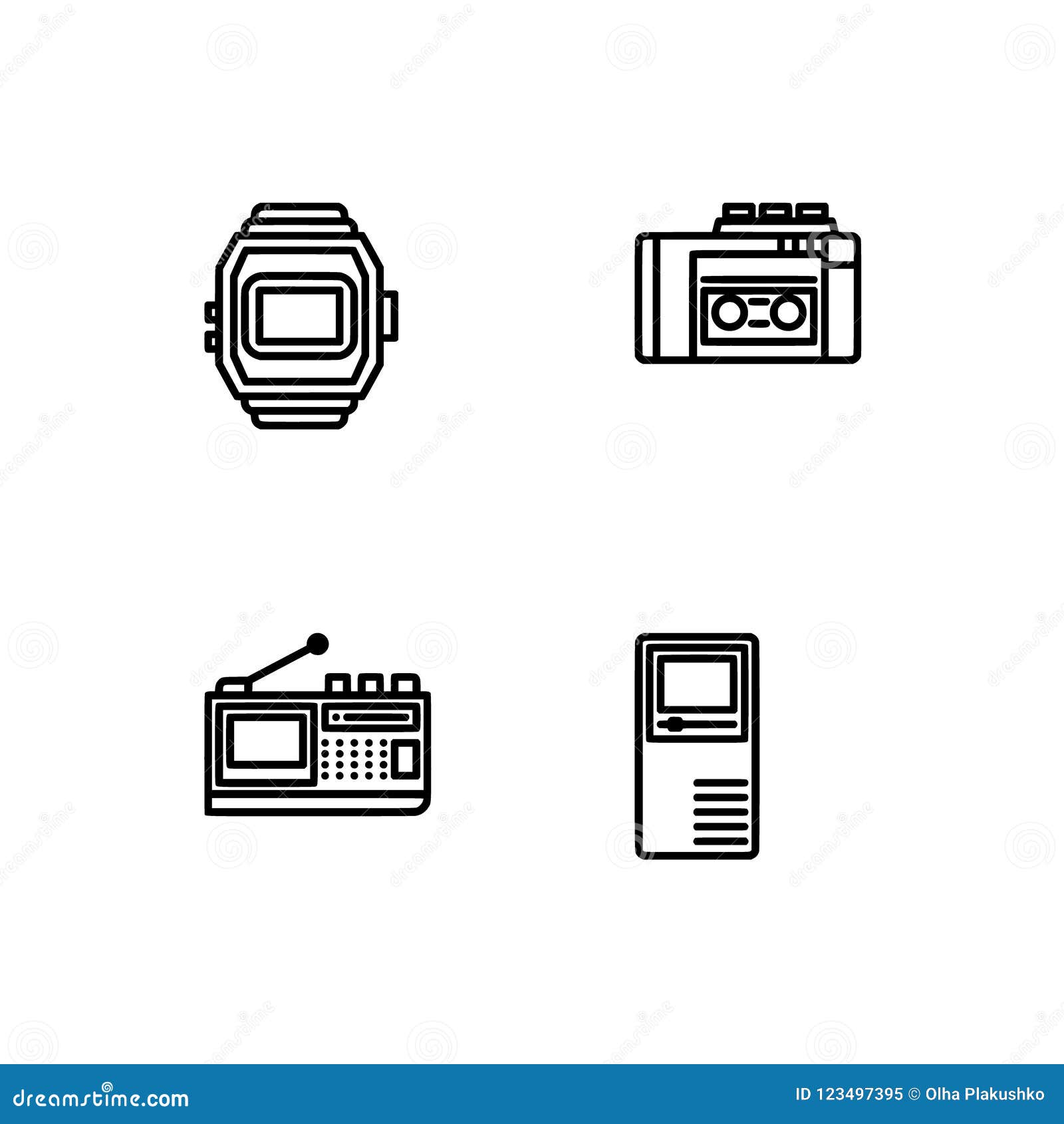 retro tech and gadets. set outline icon eps 10  format. professional pixel perfect black, white icons optimized for both lar