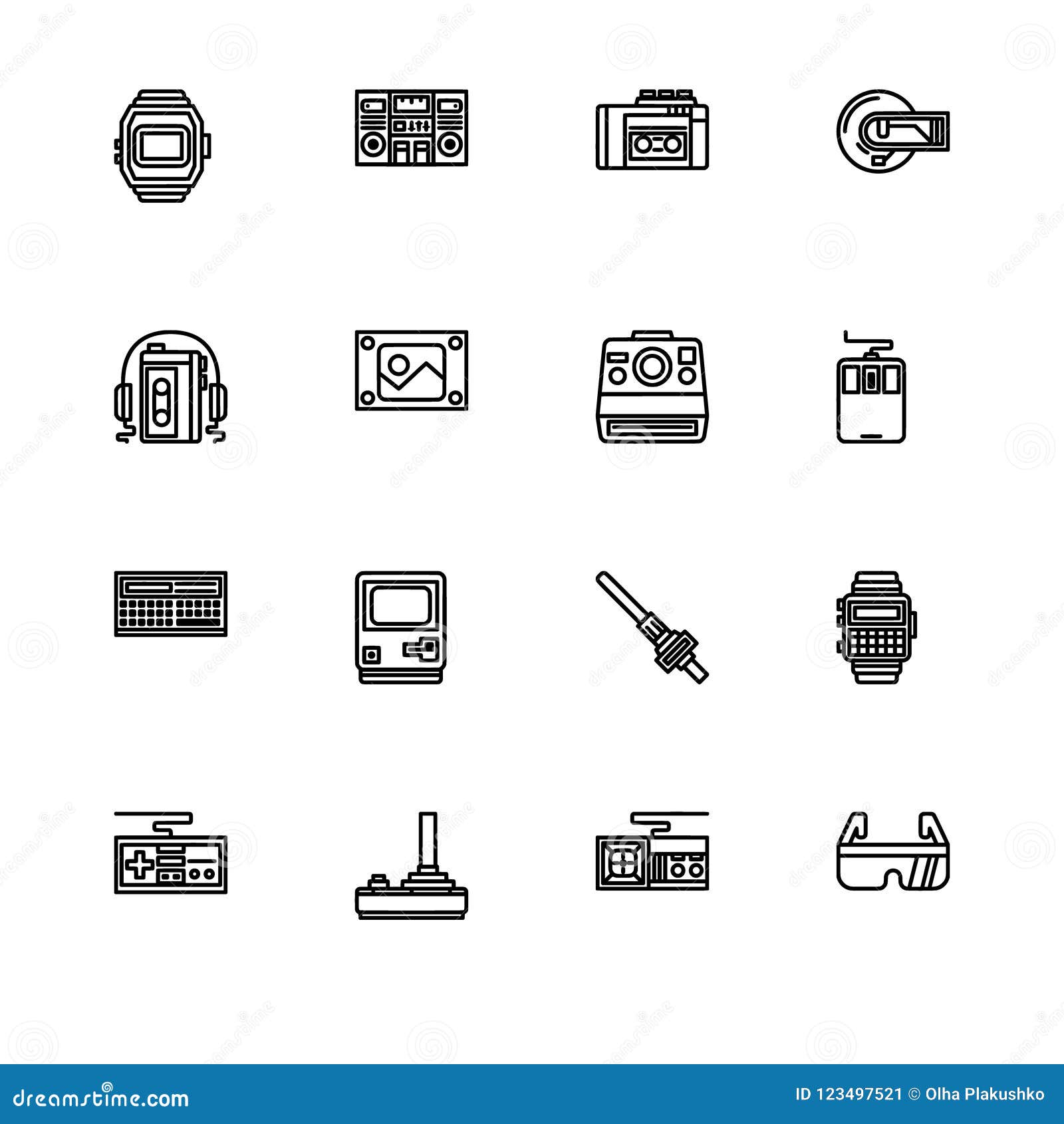 retro tech and gadets. set outline icon eps 10  format. professional pixel perfect black, white icons optimized for both lar