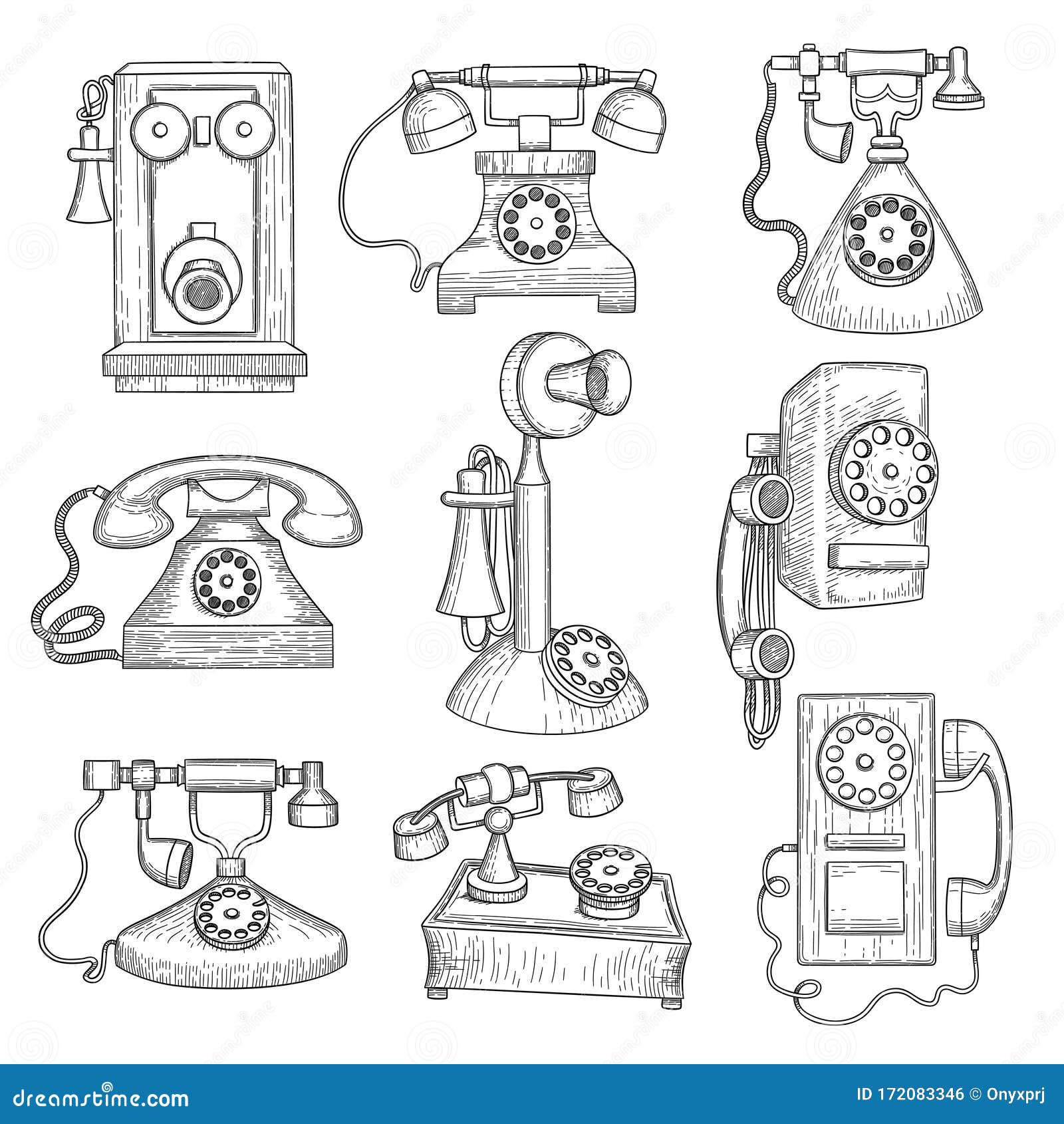 Retro Telephone. Old Ancient Technology Gadgets Vector Hand Drawn Communication Objects Stock