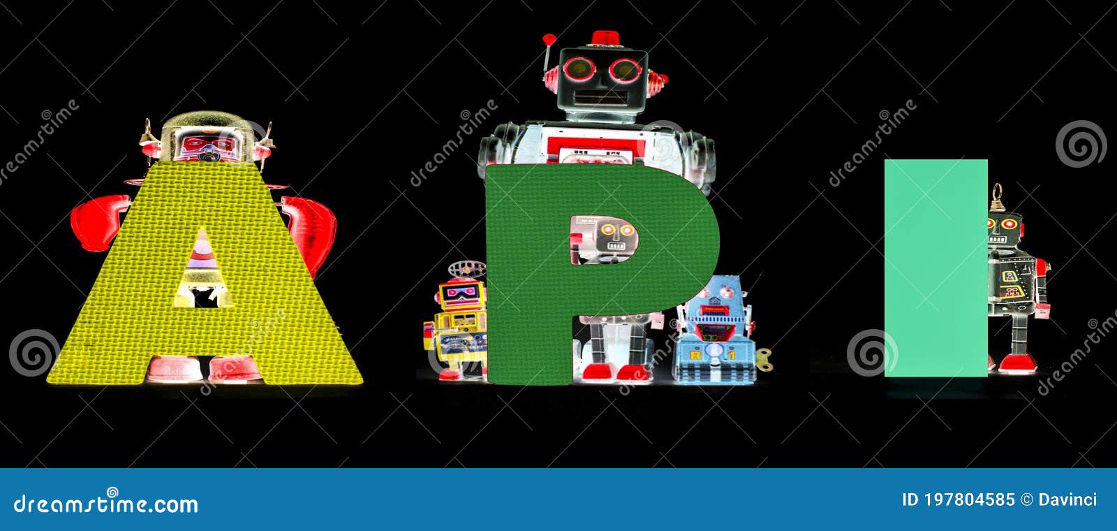 Retro Tin Robot Toys Hold Up the Acronym API Isolated Black Stock Image Image of data, bots