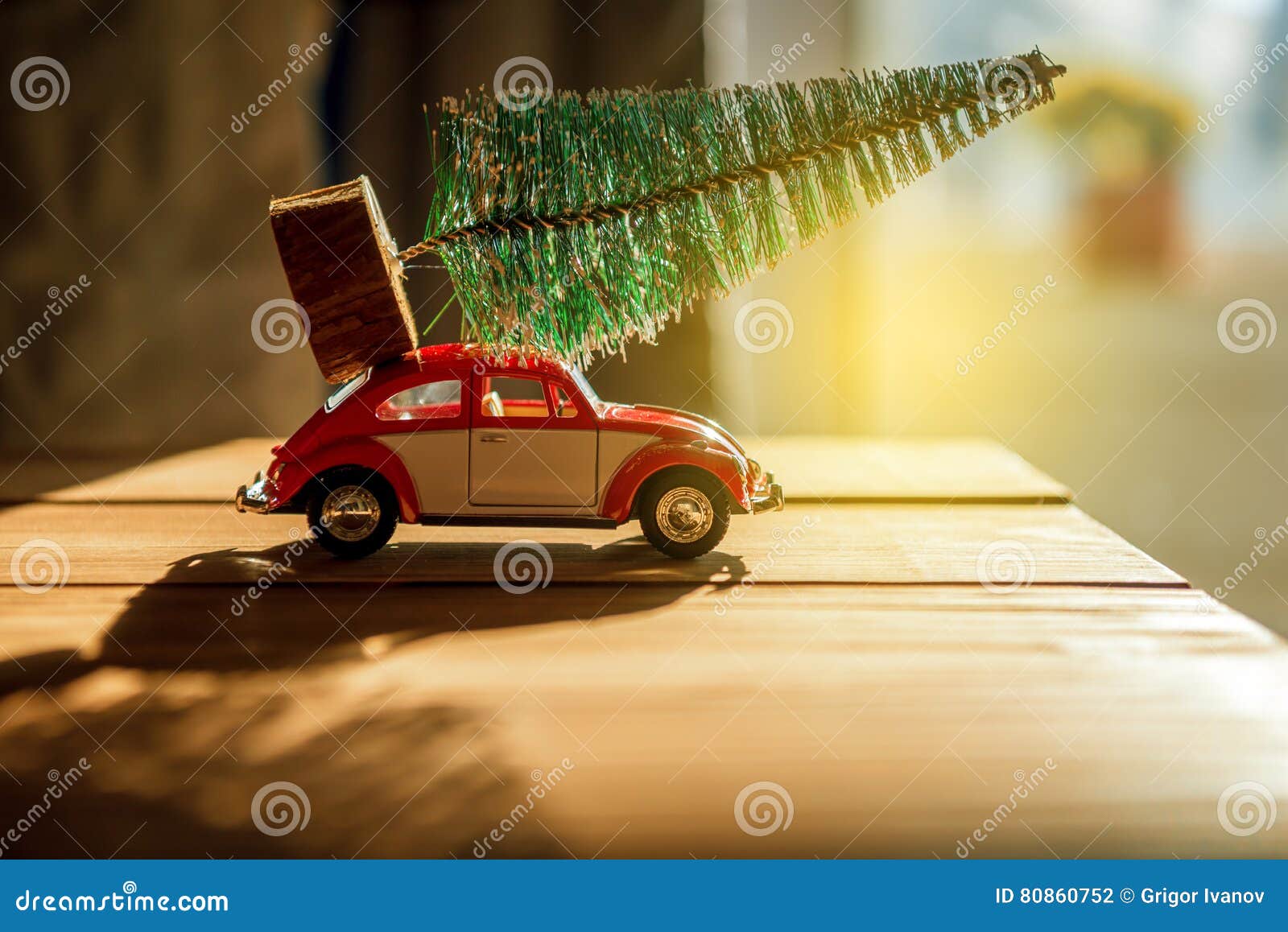 Retro Toy Car Carrying Tiny Christmas Tree Stock Photo Image of