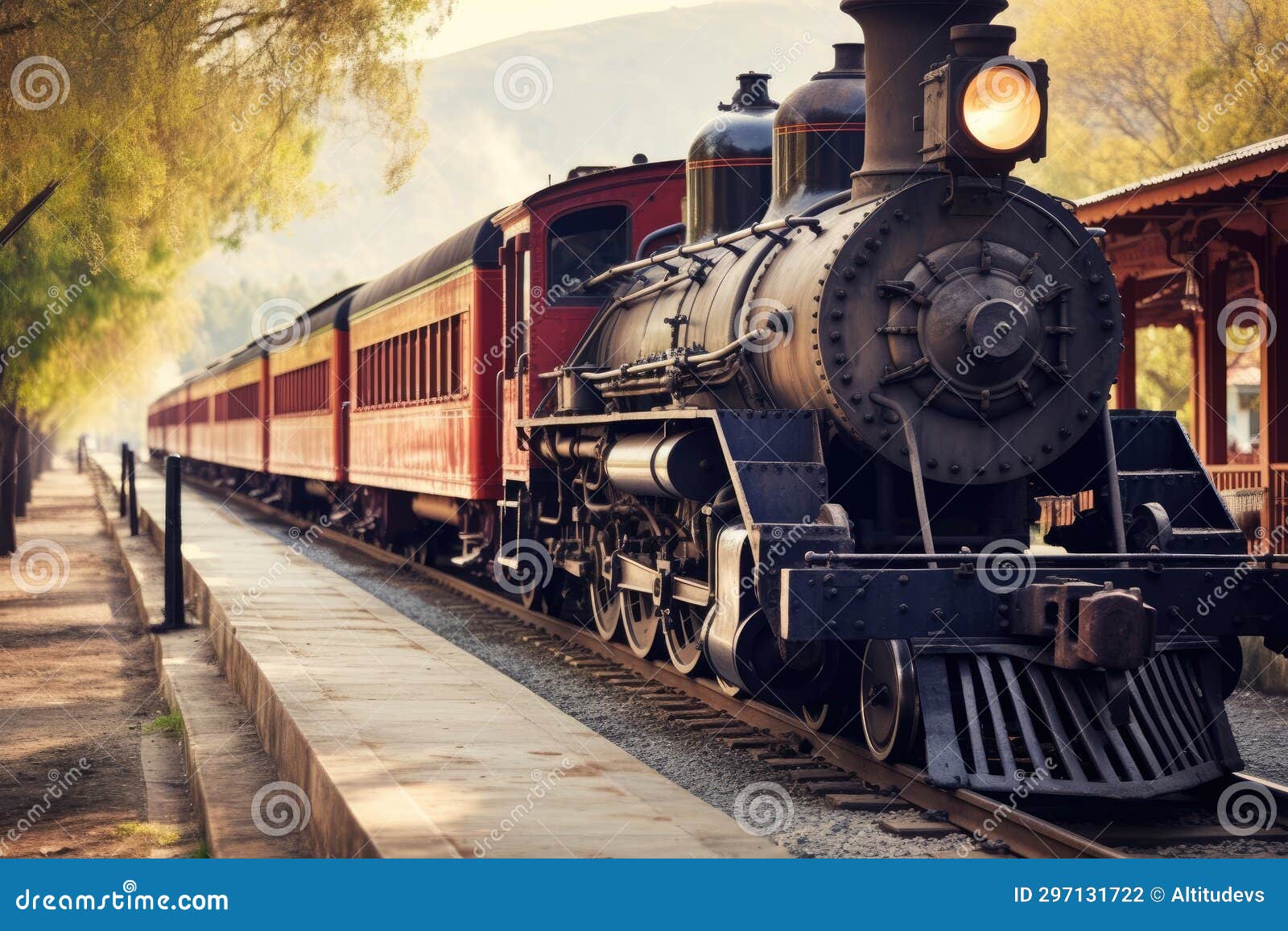 retro train engine in rustic railway station