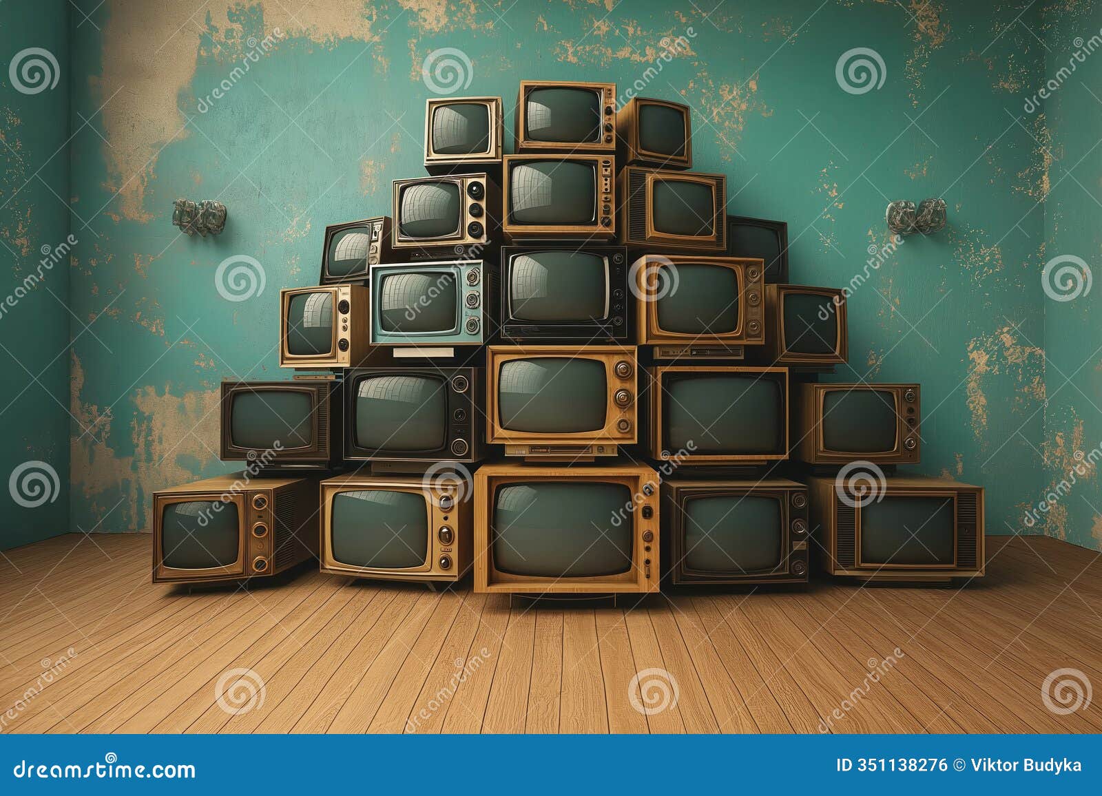 retro tv sets stacked in room with wooden floor. vintage televisions in various sizes, colors create nostalgic scene. room teal
