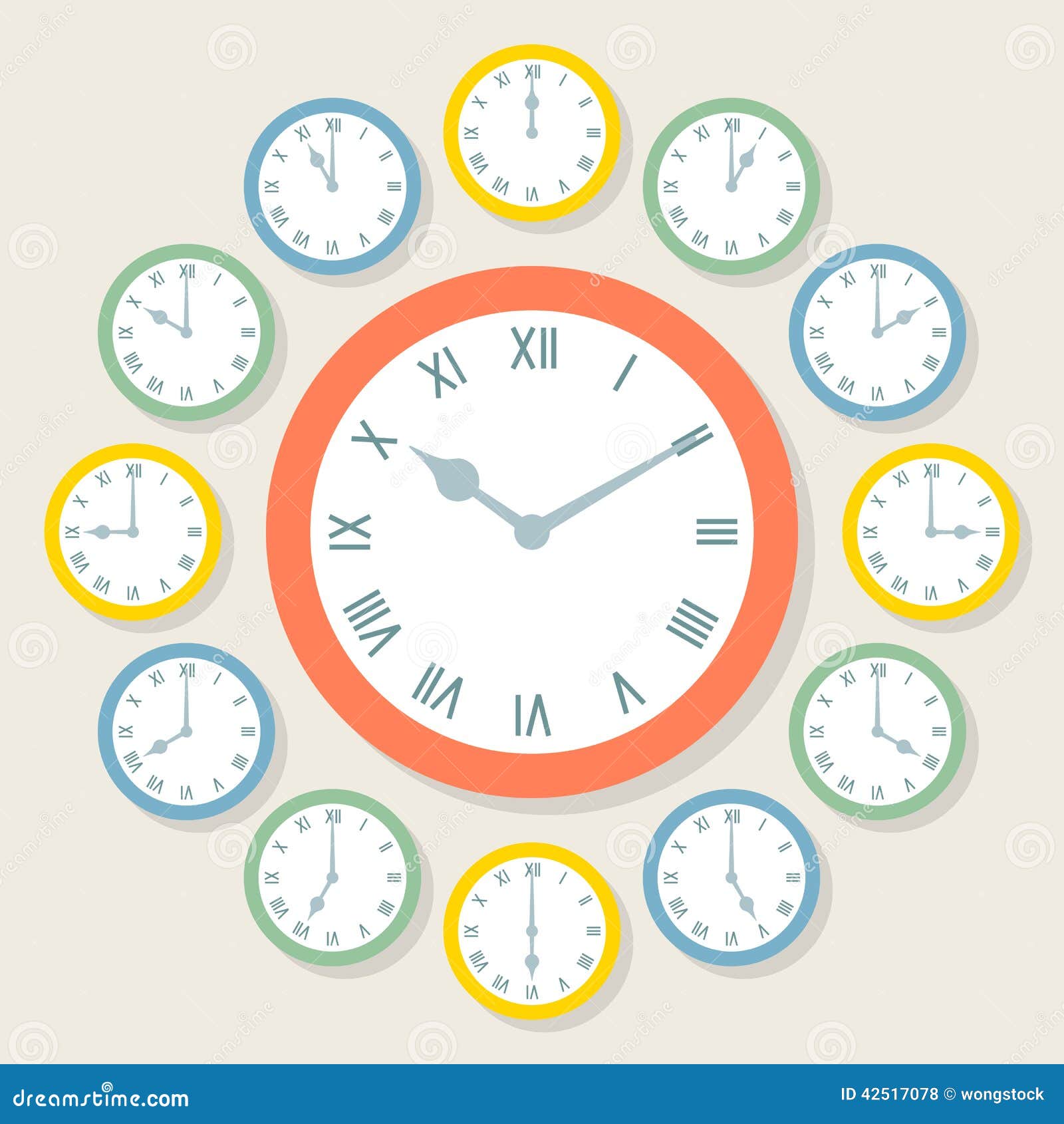 retro  roman numeral clocks showing all 12 hours