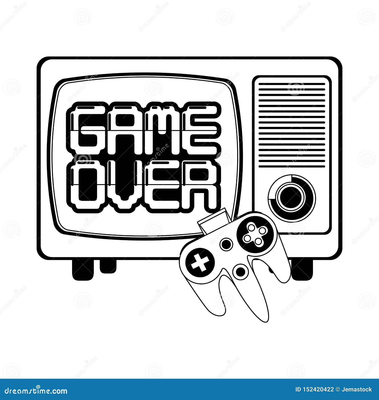 Retro Videogame Console and Gamepads in Black and White Stock Vector ...